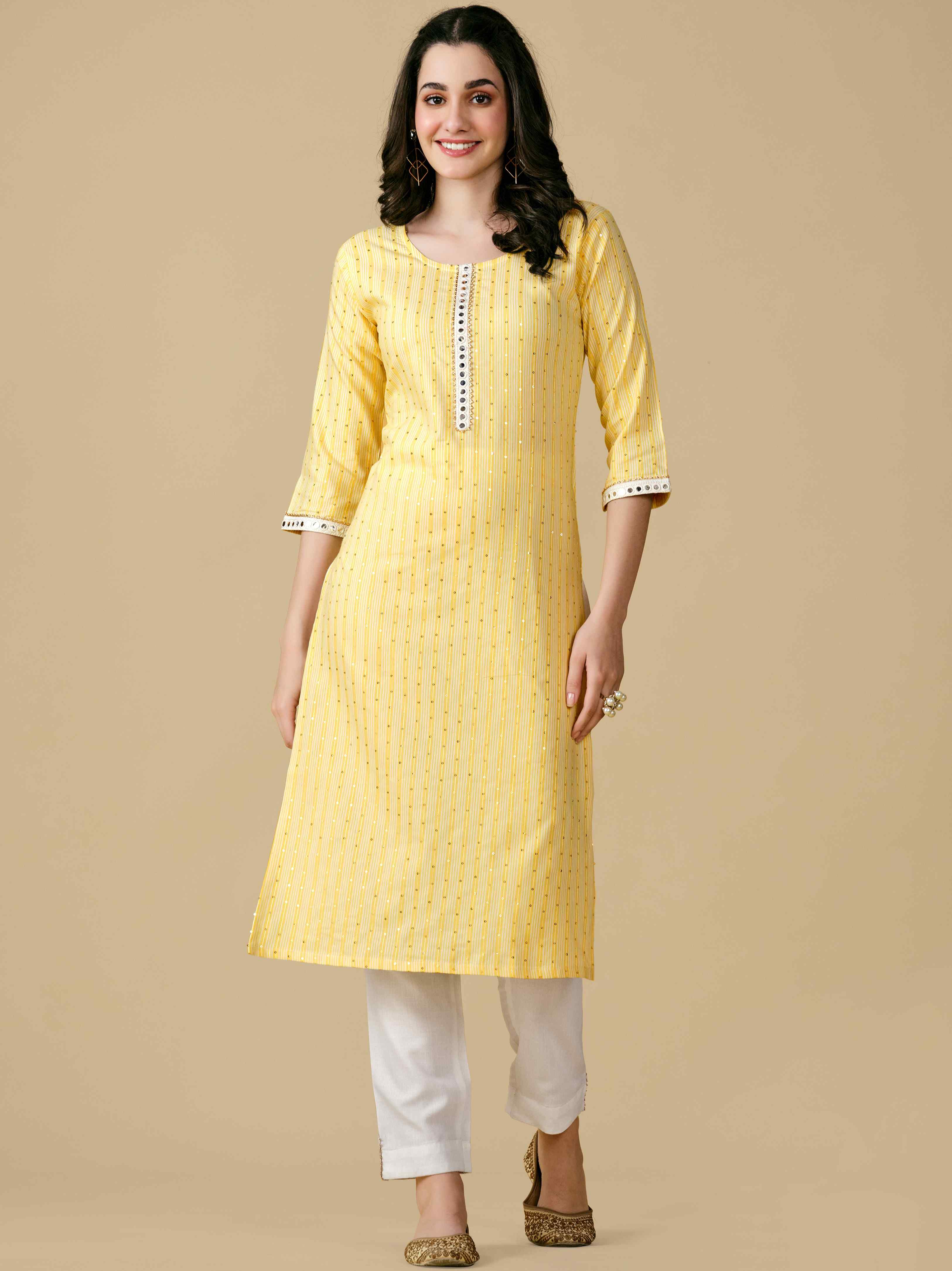 COTTON STRIPED SEQUINS WEAVE FABRIC KURTI WITH EMBROIDERED MIRROR LACE