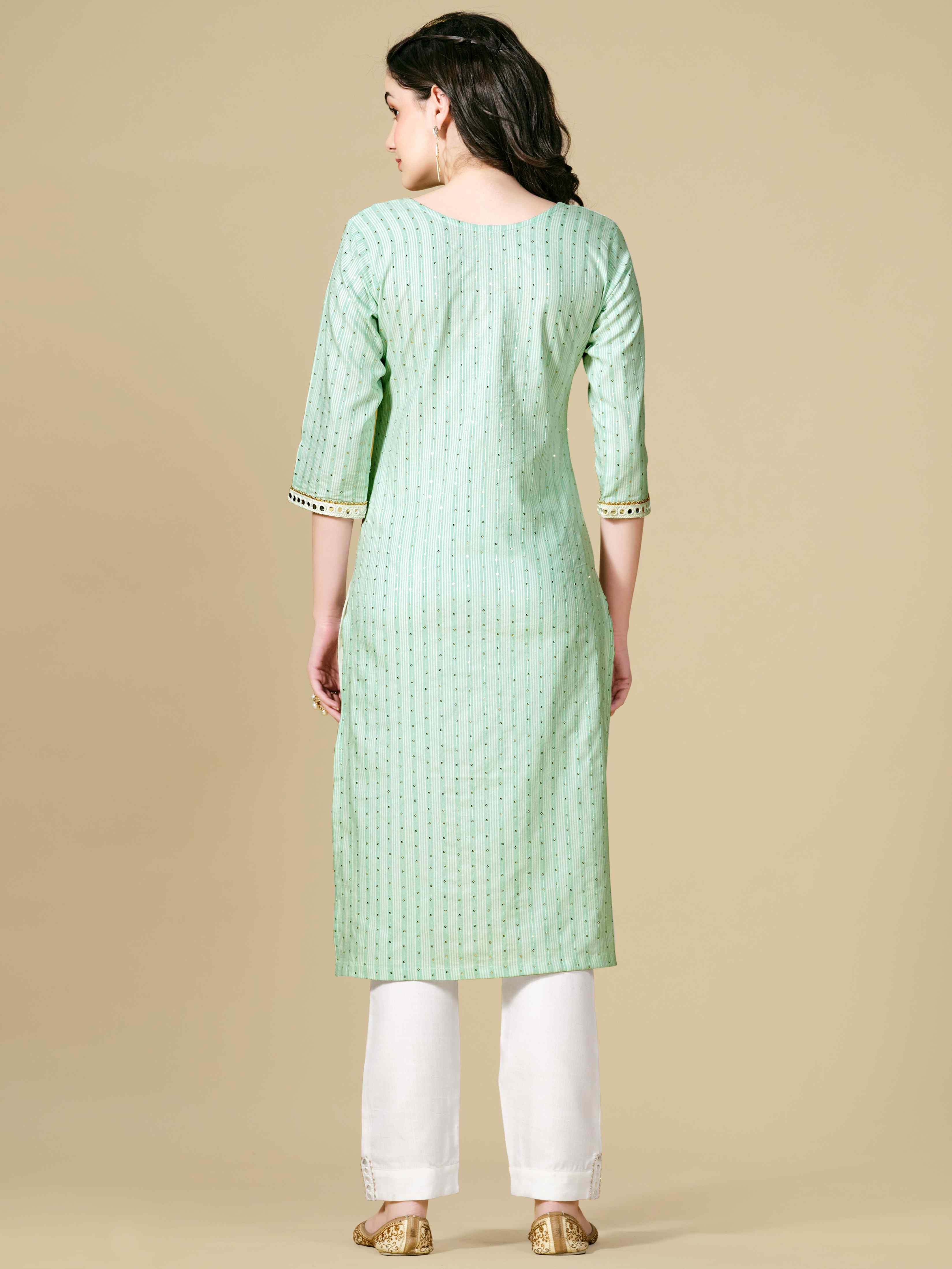 COTTON STRIPED SEQUINS WEAVE FABRIC KURTI WITH EMBROIDERED MIRROR LACE