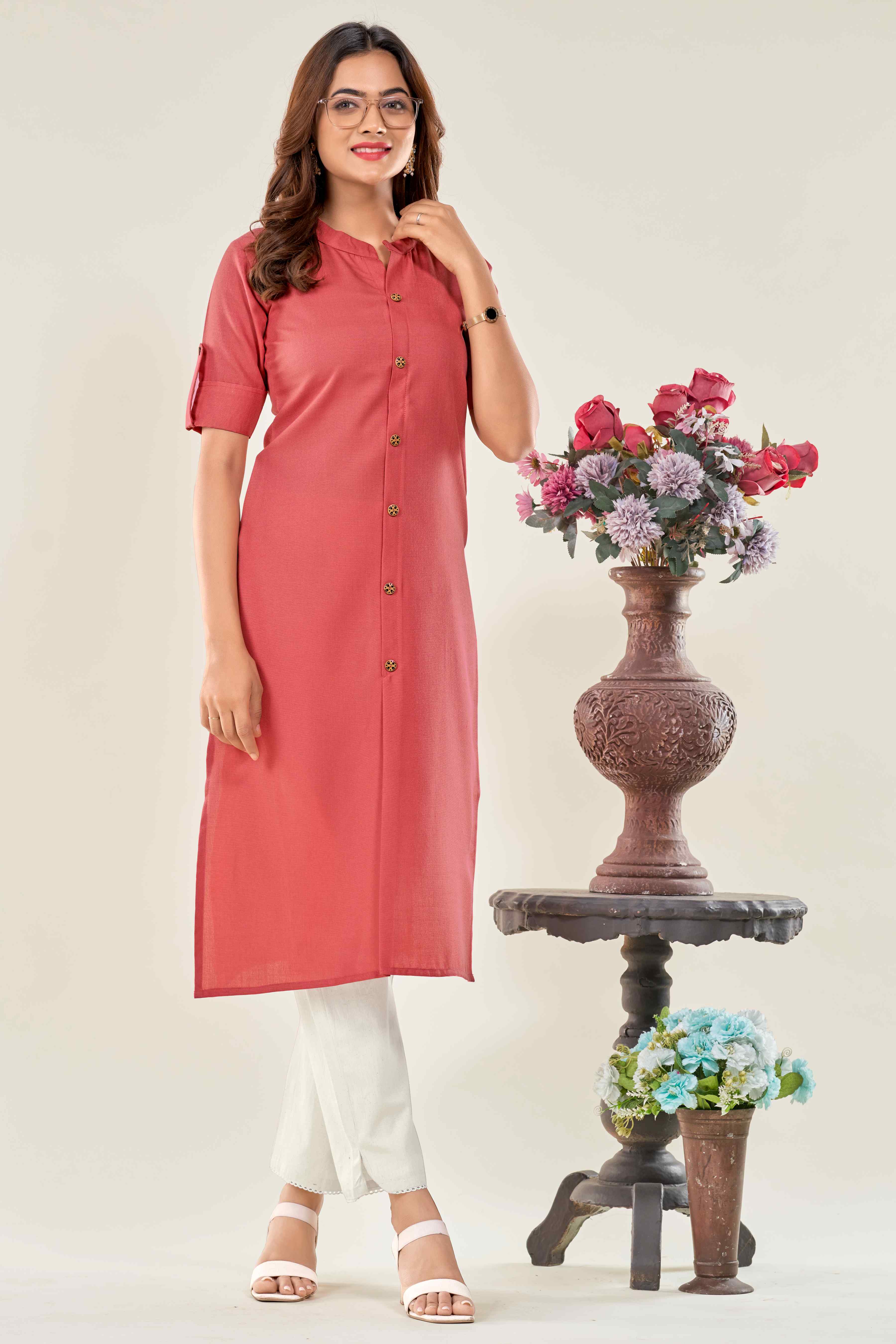 COTTON BLEND SOLID KURTA WITH BUTTONS
