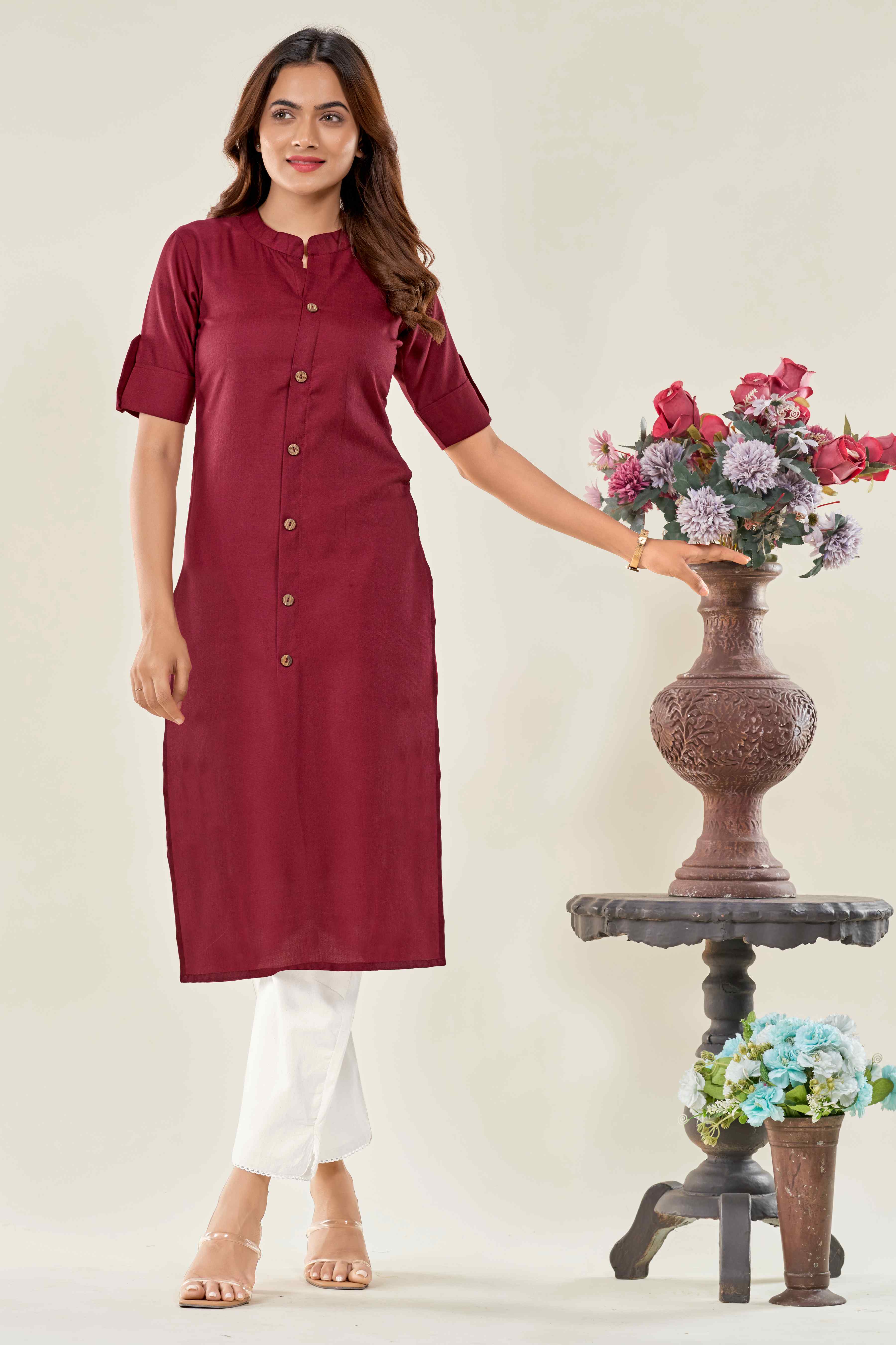 COTTON BLEND SOLID KURTA WITH BUTTONS