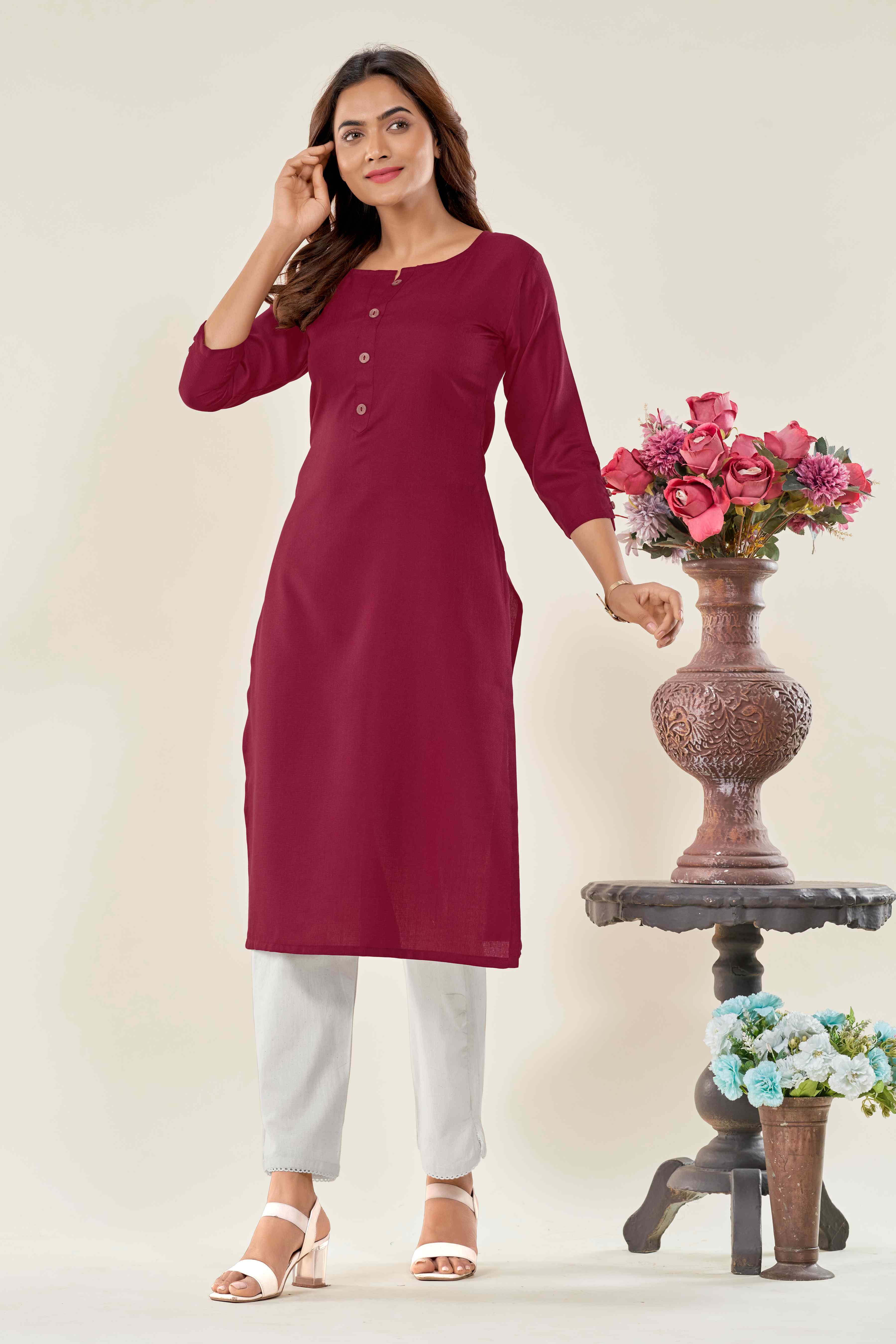 COTTON SOLID KURTA WITH PLACKET & FANCY 3/4TH SLEEVES