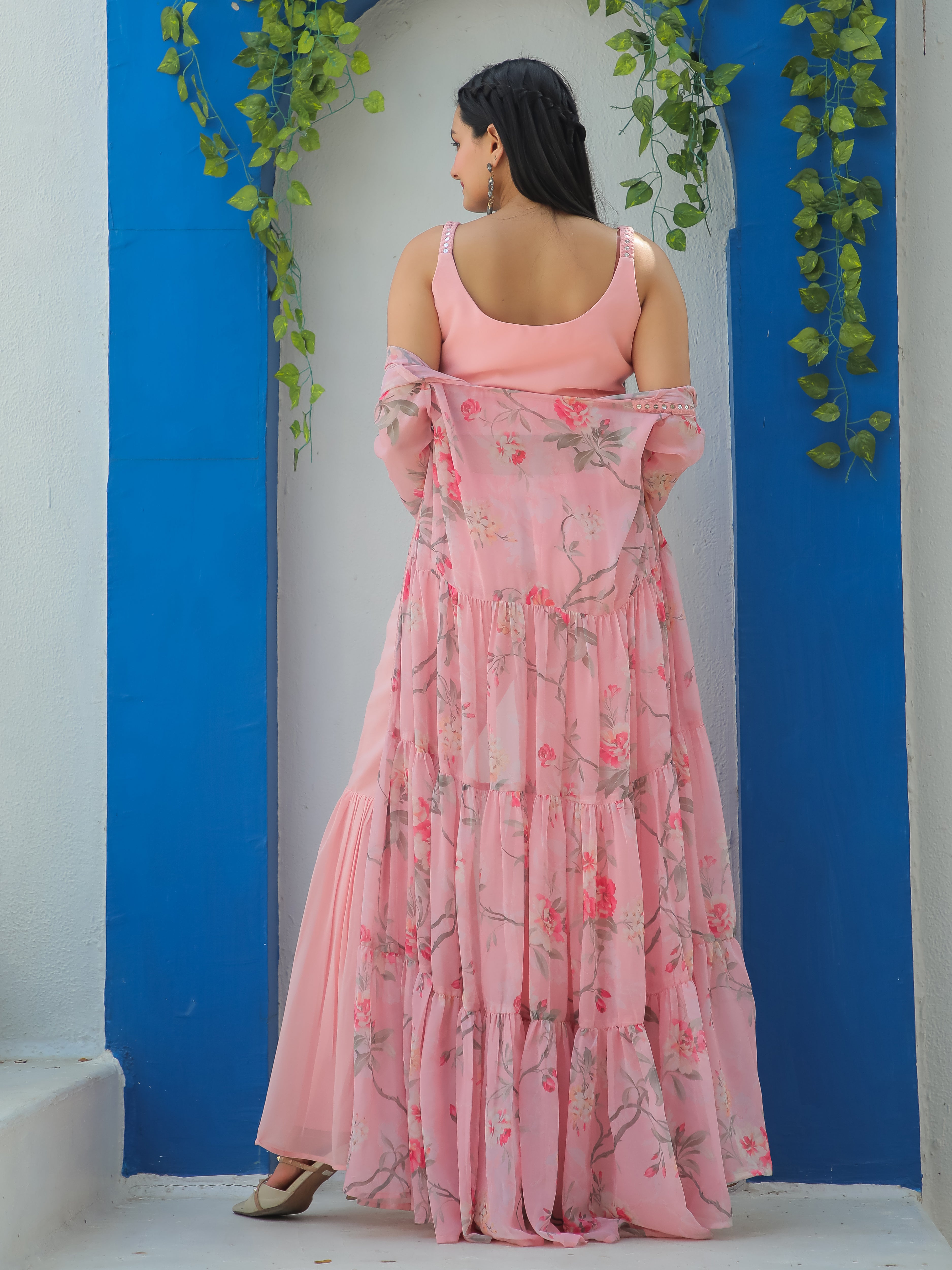 OCCASION WEAR 3 PIECE SHARARA SET WITH PRINTED SHRUG (JACKET) & EMBROIDERED CHOLI