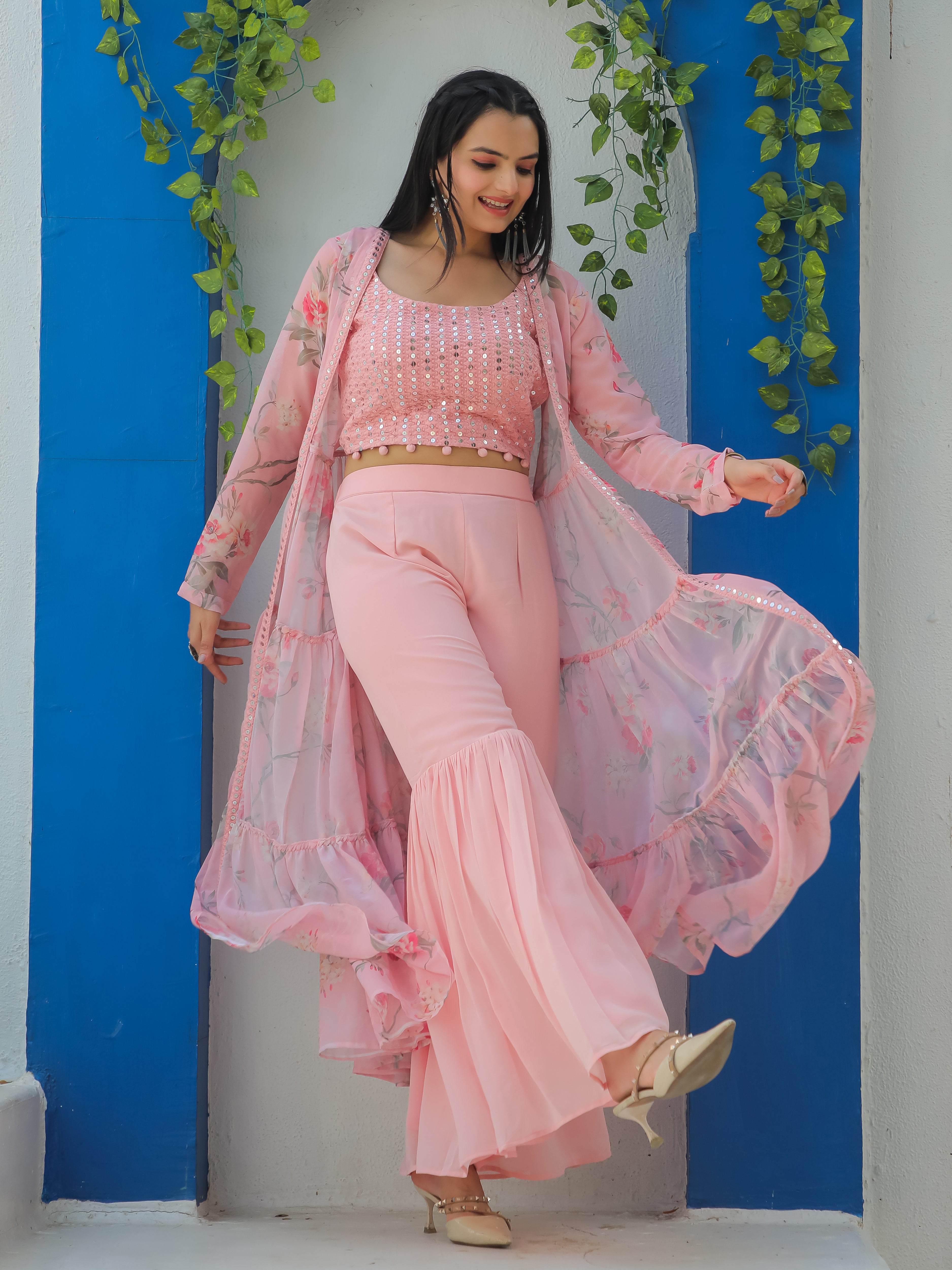 OCCASION WEAR 3 PIECE SHARARA SET WITH PRINTED SHRUG (JACKET) & EMBROIDERED CHOLI