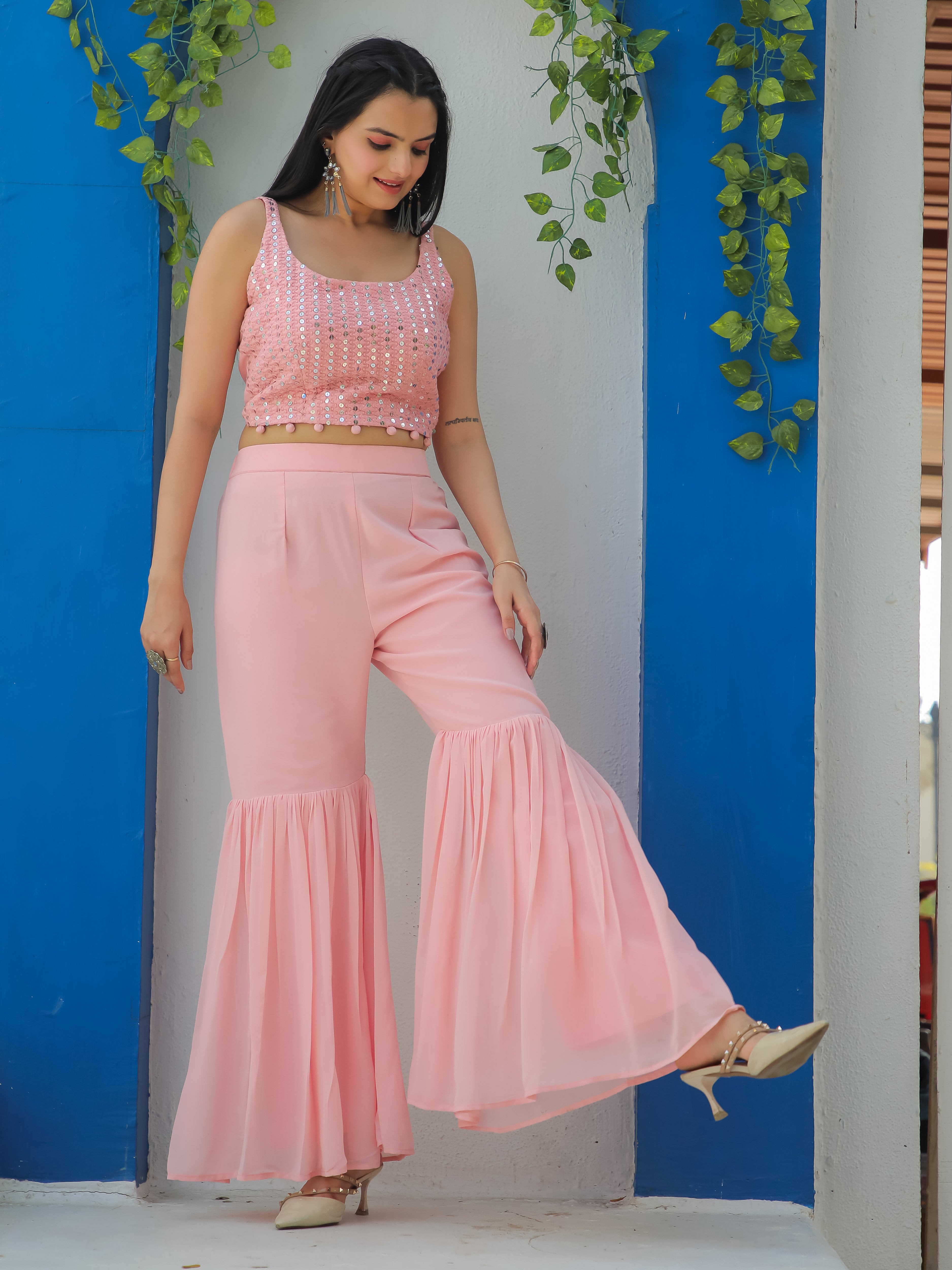 OCCASION WEAR 3 PIECE SHARARA SET WITH PRINTED SHRUG (JACKET) & EMBROIDERED CHOLI