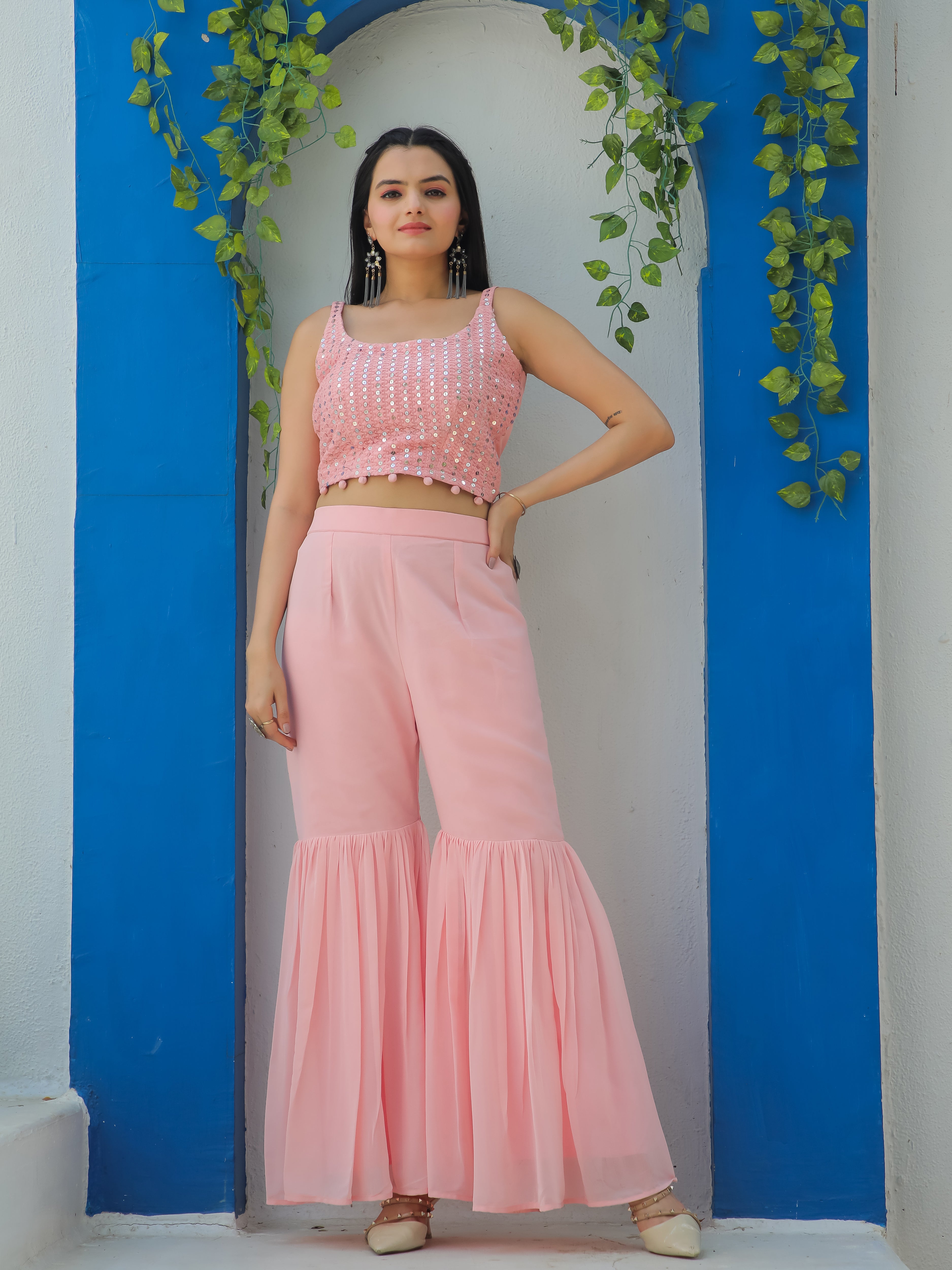 OCCASION WEAR 3 PIECE SHARARA SET WITH PRINTED SHRUG (JACKET) & EMBROIDERED CHOLI