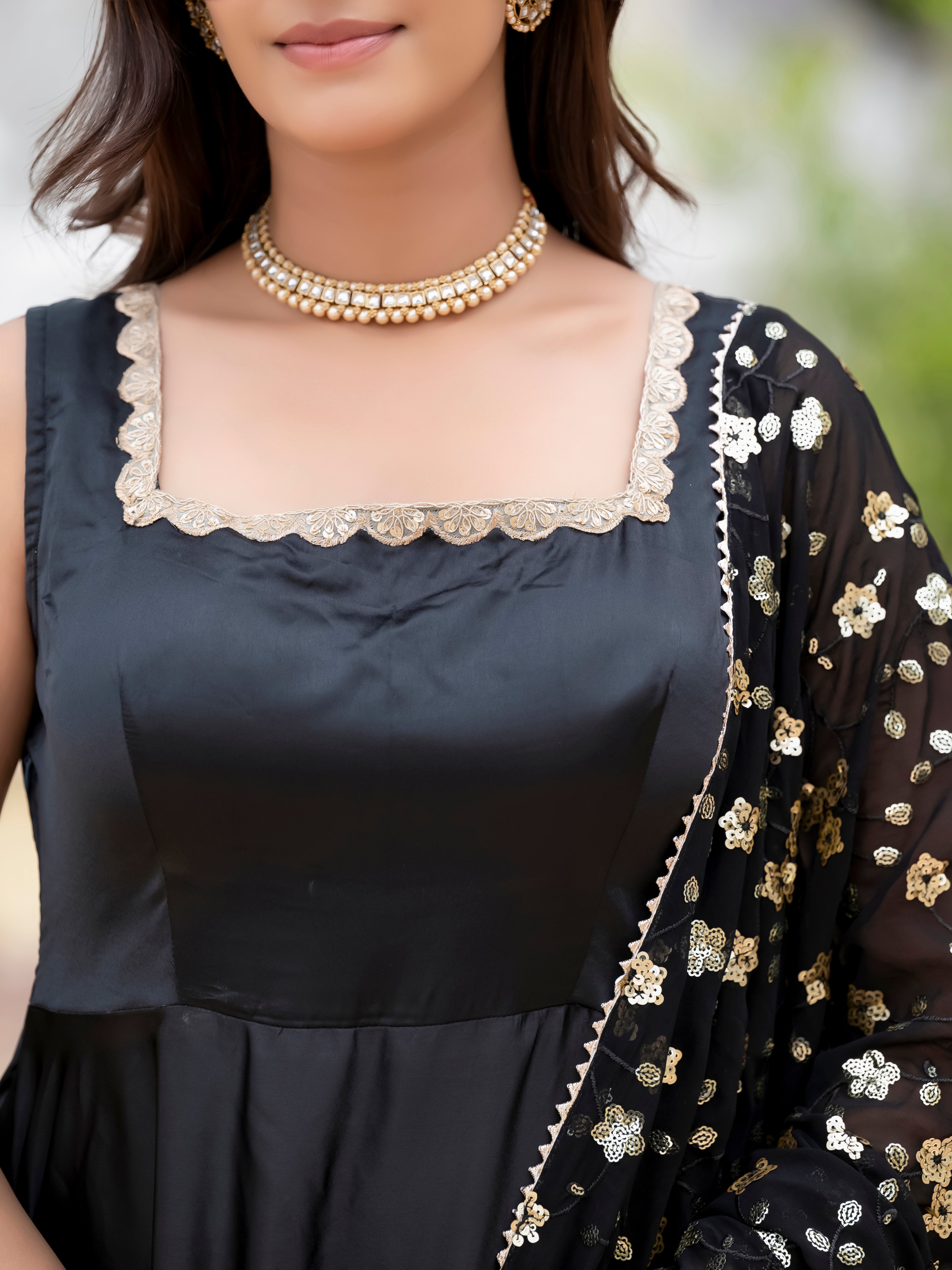 WOMEN'S SATIN SILK FLARED GOWN PAIRED WITH EMBROIDERED DUPATTA AND PANTS