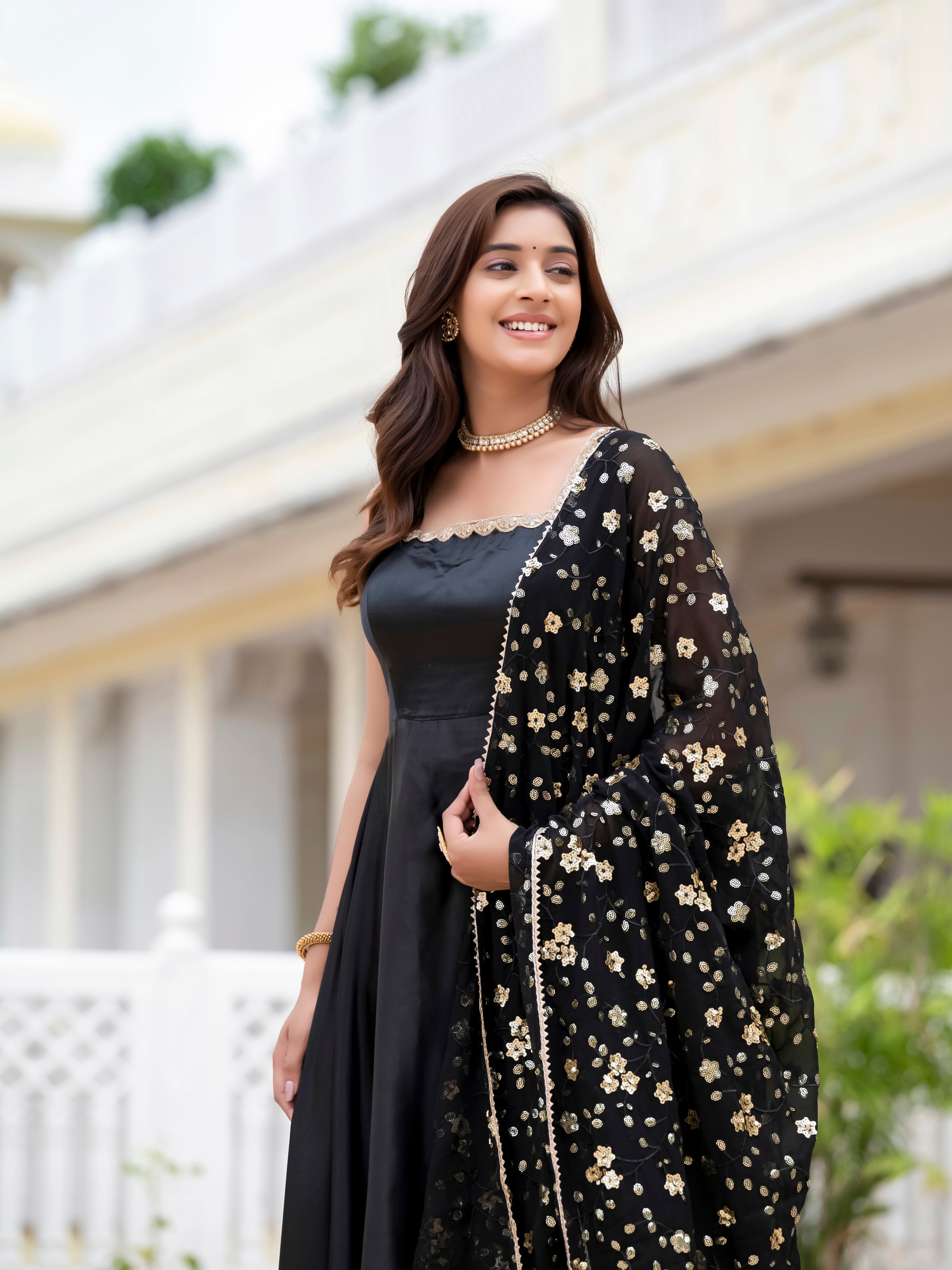 WOMEN'S SATIN SILK FLARED GOWN PAIRED WITH EMBROIDERED DUPATTA AND PANTS