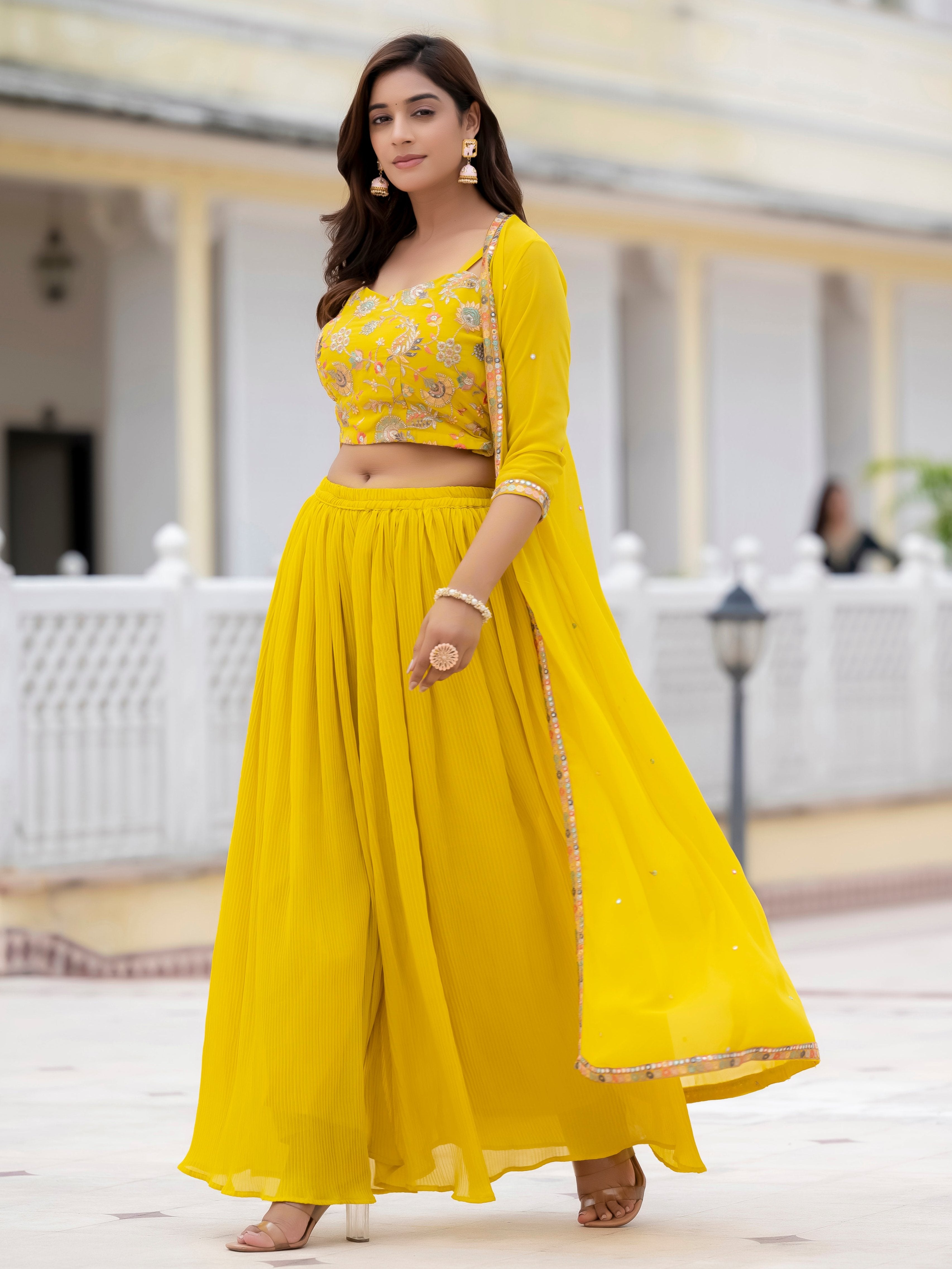 TRENDING 3 PIECE PARTY WEAR PALAZZO SET WITH EMBROIDERED CHOLI & SHRUG (JACKET)