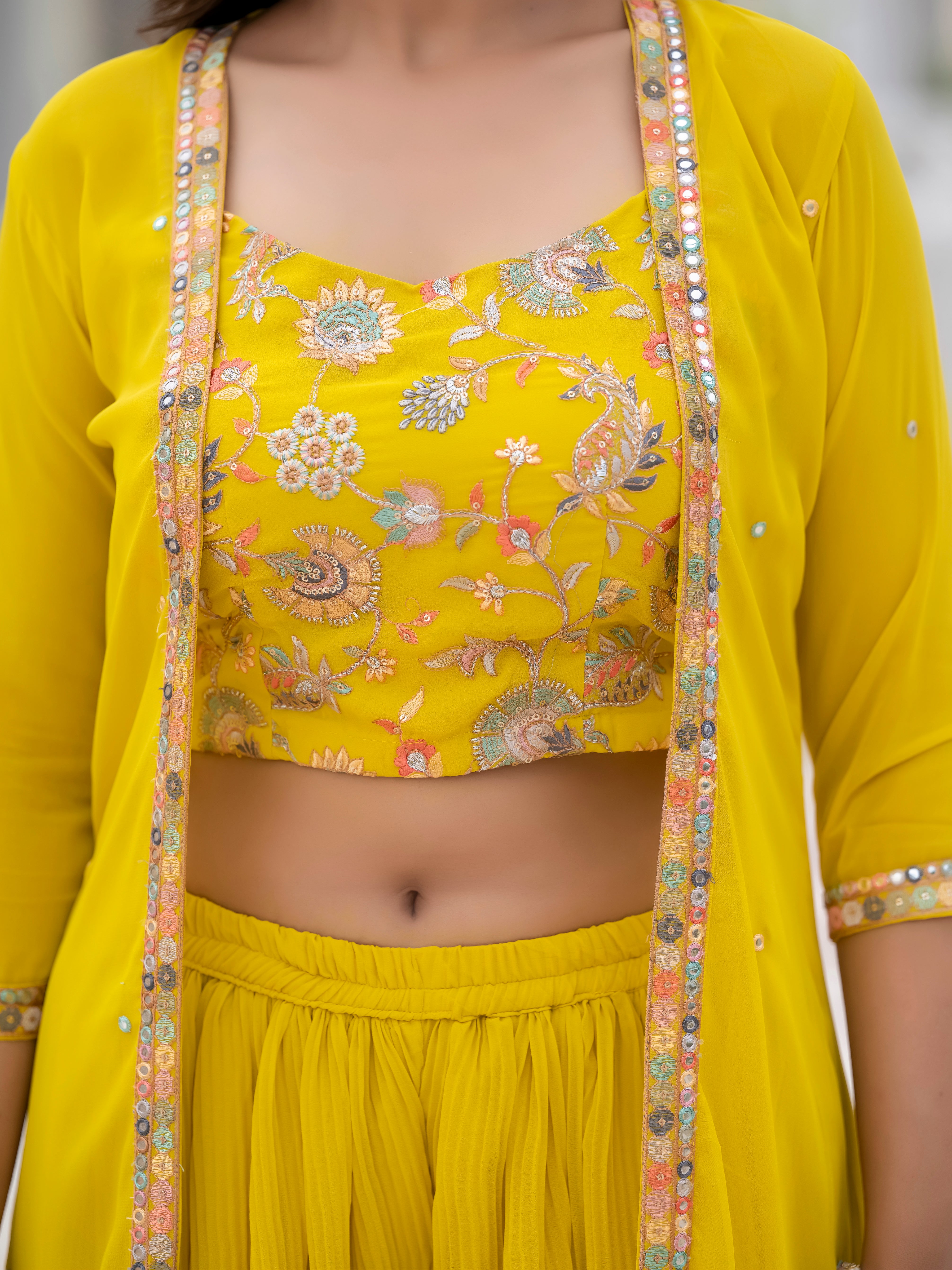 TRENDING 3 PIECE PARTY WEAR PALAZZO SET WITH EMBROIDERED CHOLI & SHRUG (JACKET)
