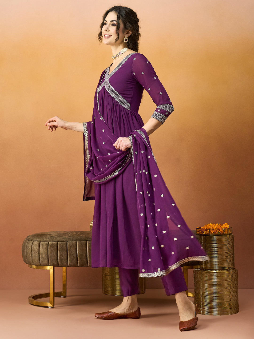 Elegant Embroidered Purple-Wine Alia Cut Dress with Embroidered Dupatta & Pant