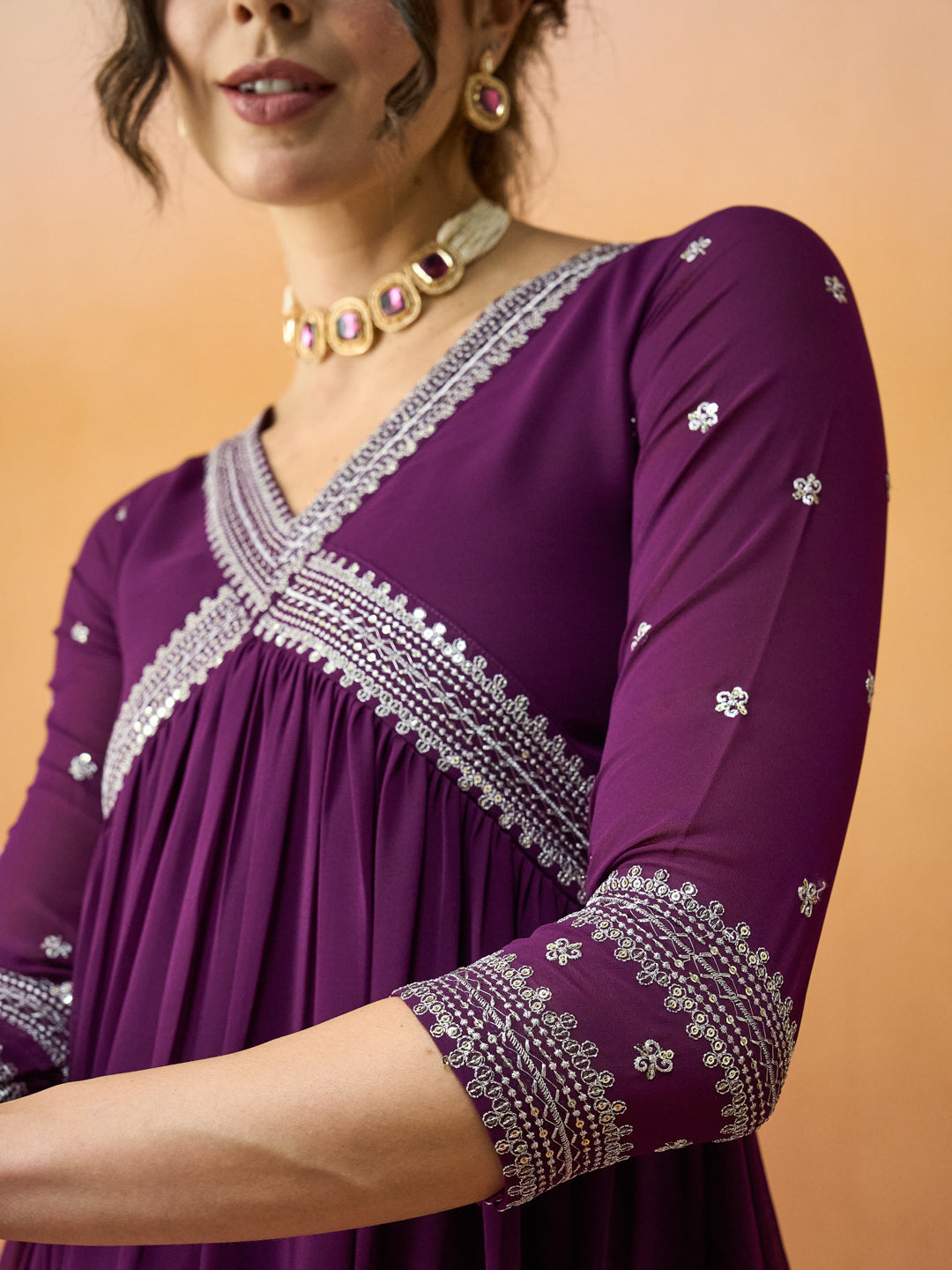 Elegant Embroidered Purple-Wine Alia Cut Dress with Embroidered Dupatta & Pant