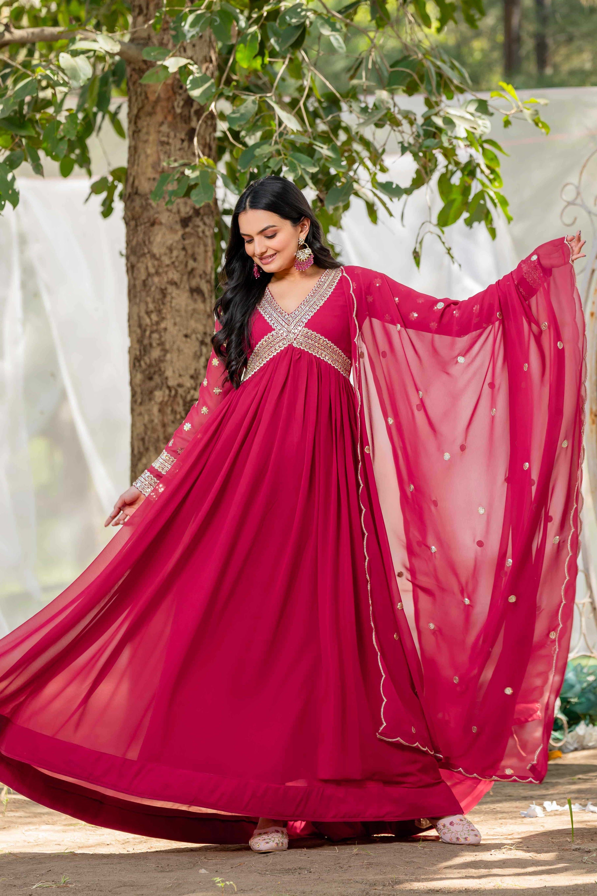 Embellished Flock Print Gown with Ruffled Dupatta main image 1
