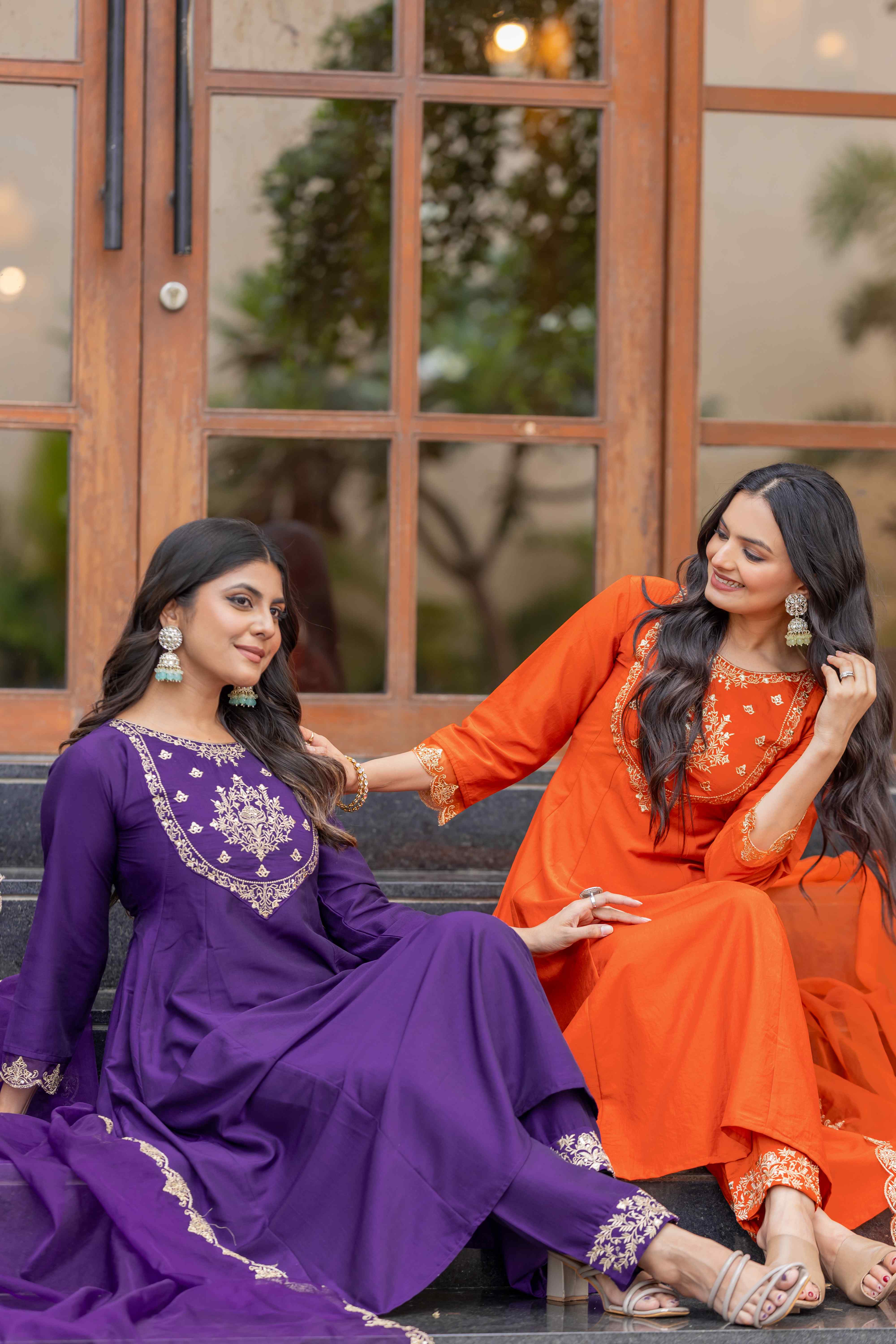 WOMEN'S EMBROIDERED PARTY ANARKALI KURTA SET PAIRED WITH EMBROIDERED ORGANZA DUPATTA & PANT