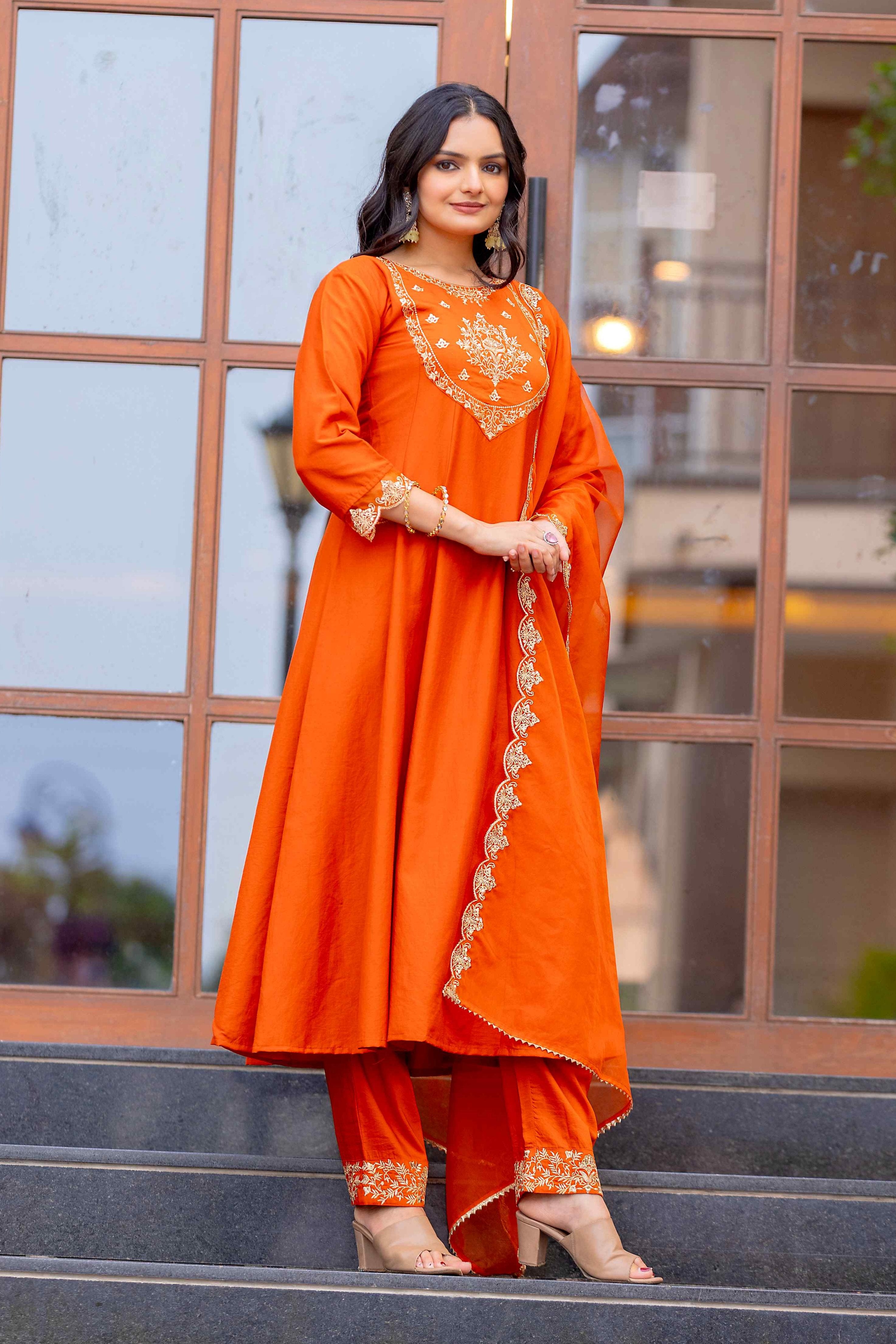 WOMEN'S EMBROIDERED PARTY ANARKALI KURTA SET PAIRED WITH EMBROIDERED ORGANZA DUPATTA & PANT