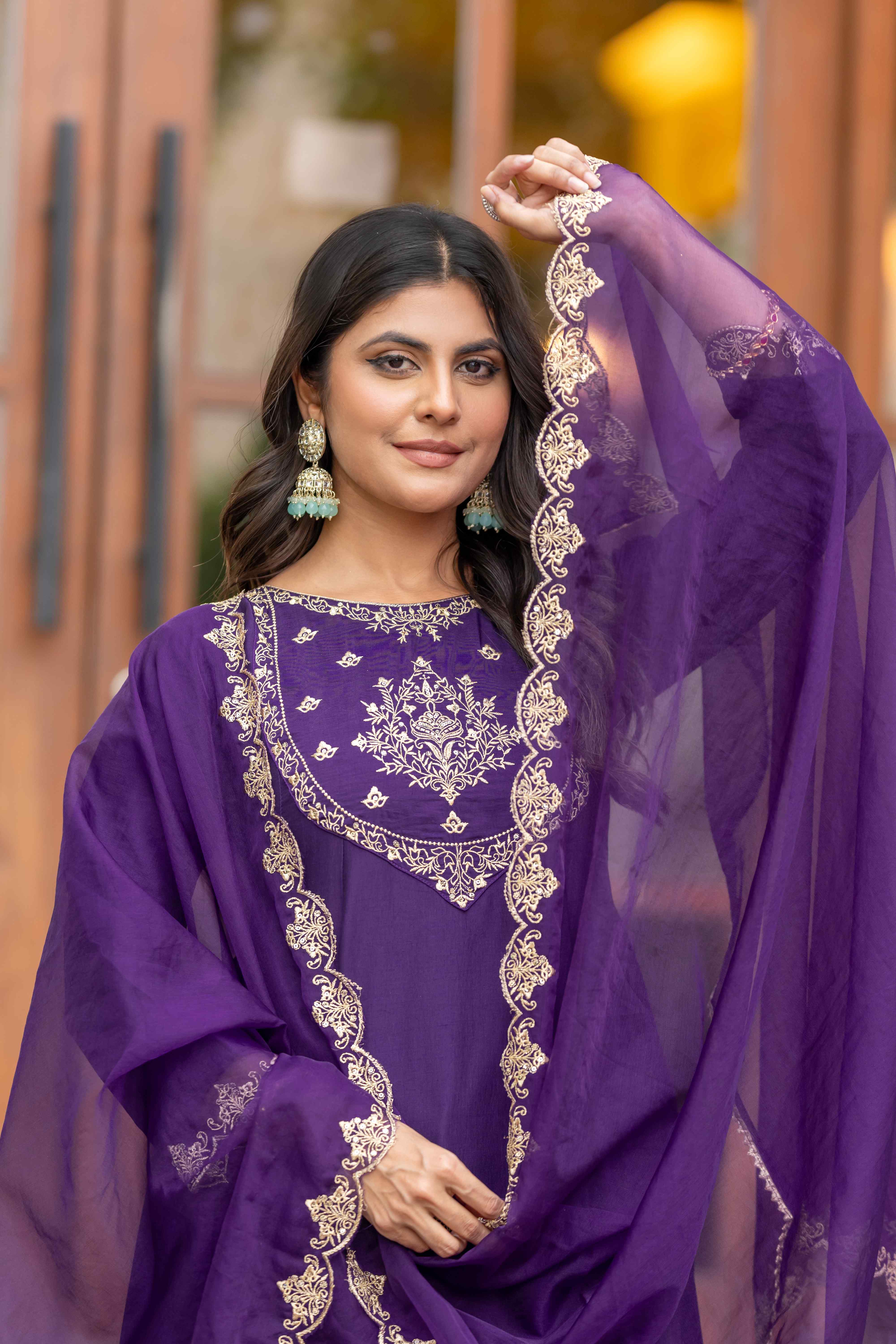 WOMEN'S EMBROIDERED PARTY ANARKALI KURTA SET PAIRED WITH EMBROIDERED ORGANZA DUPATTA & PANT