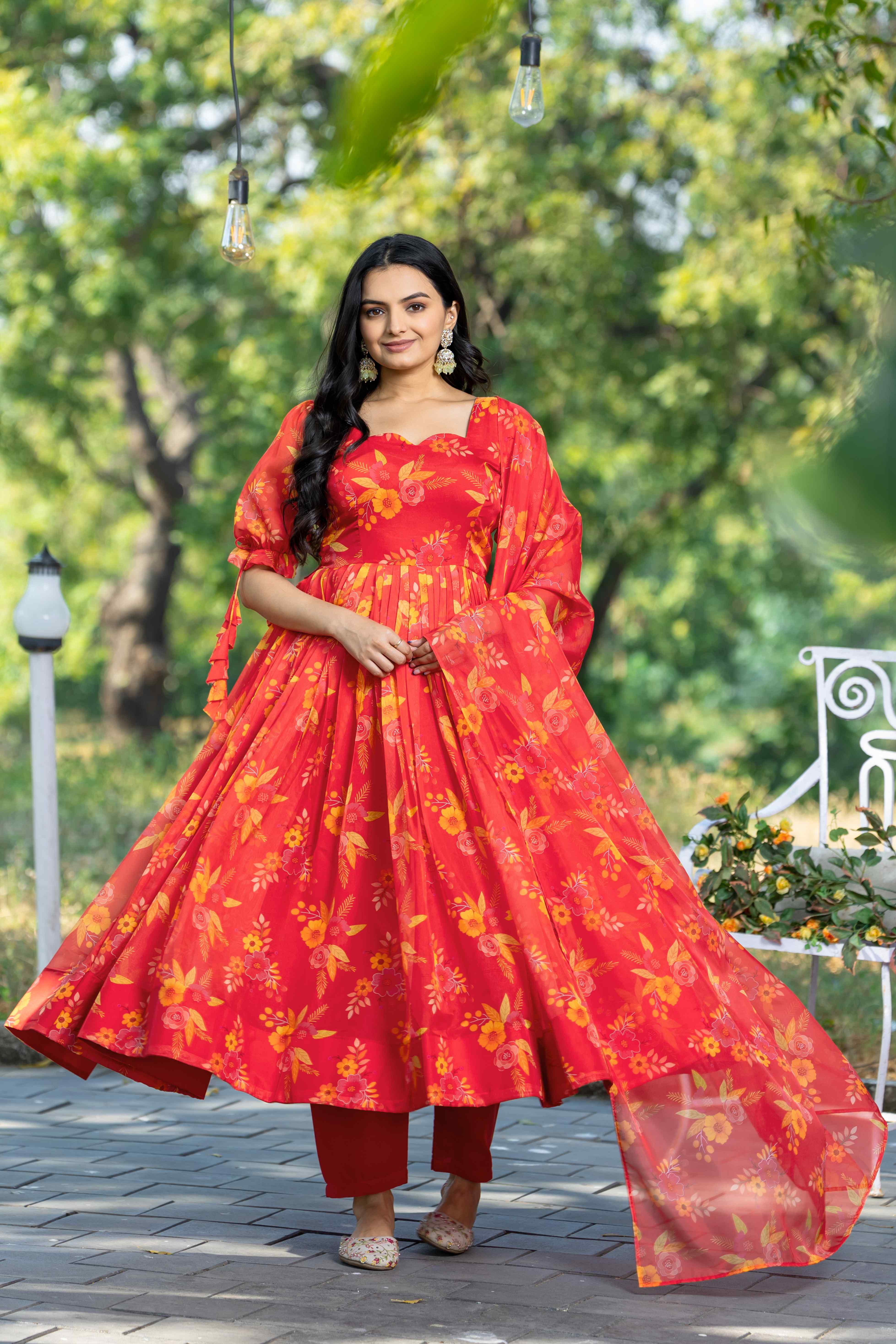 WOMEN'S FLORAL PRINTED FANCY SLEEVES GOWN WITH PRINTED DUPATTA & PANT