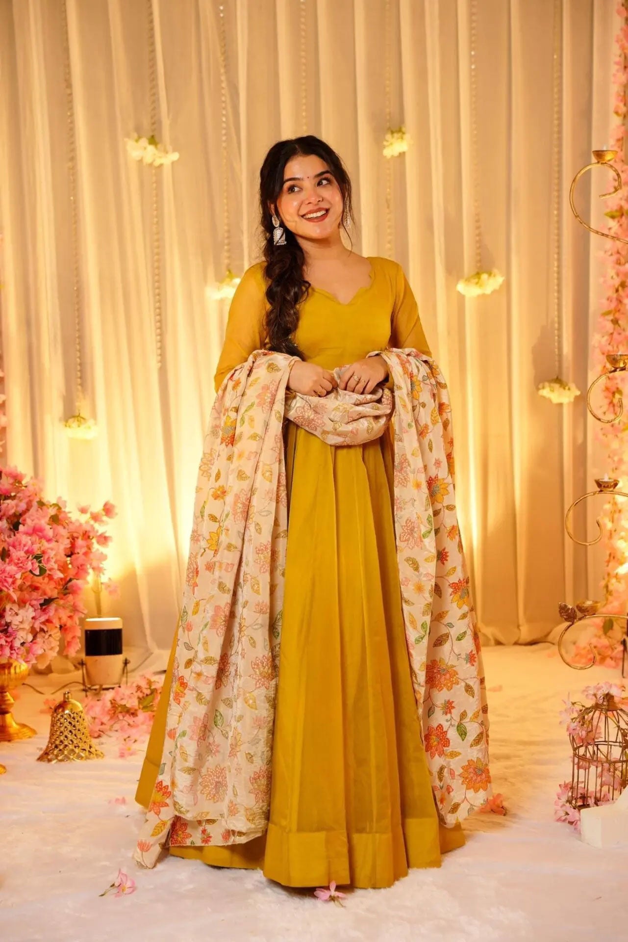 WOMEN'S FULL-LENGTH ORGANZA GOWN PAIRED WITH CONTRAST PRINTED FLORAL DUPATTA