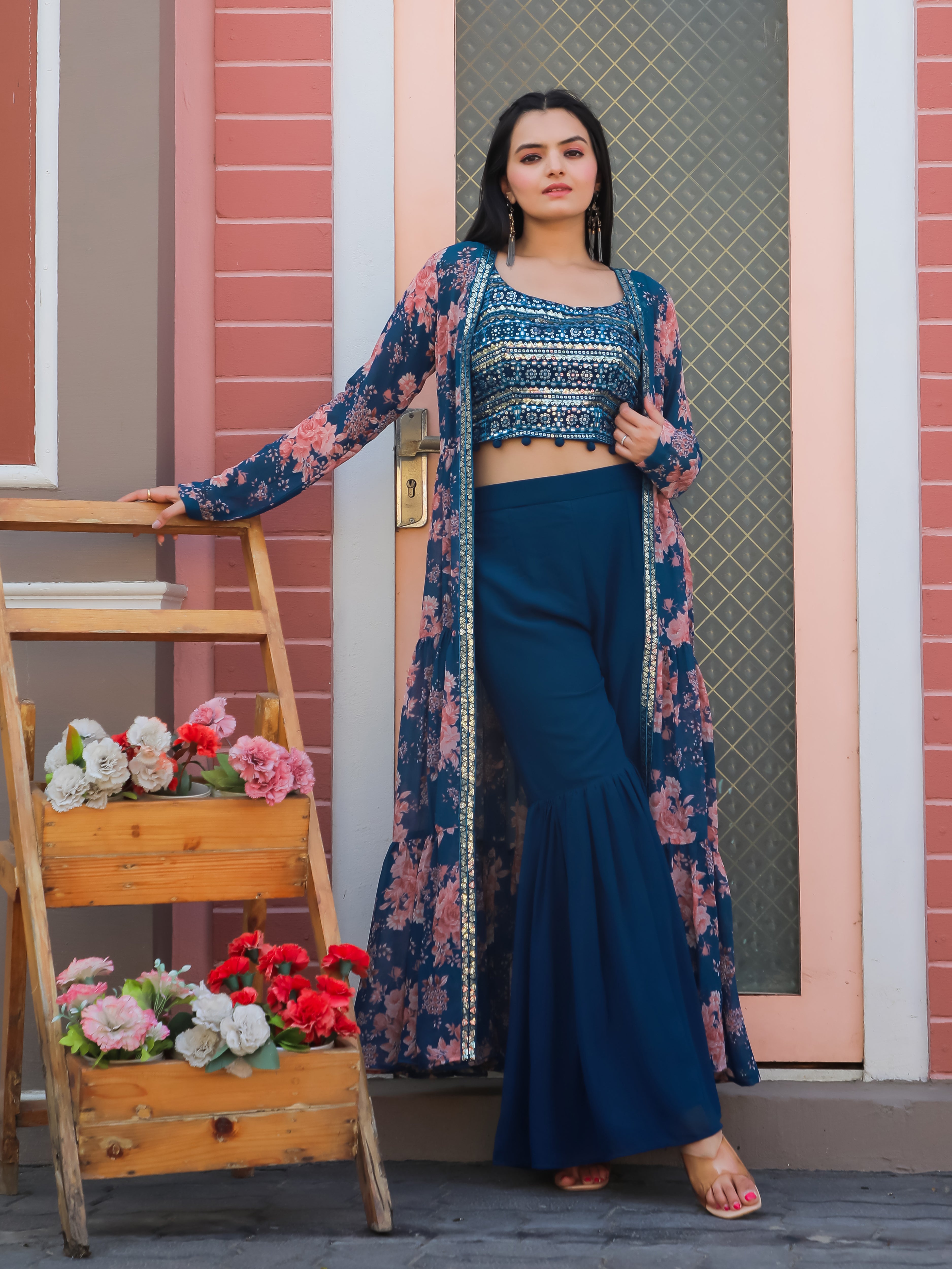 3 PIECE SHRUG SET WITH EMBROIDERY CHOLI & SHARARA SET