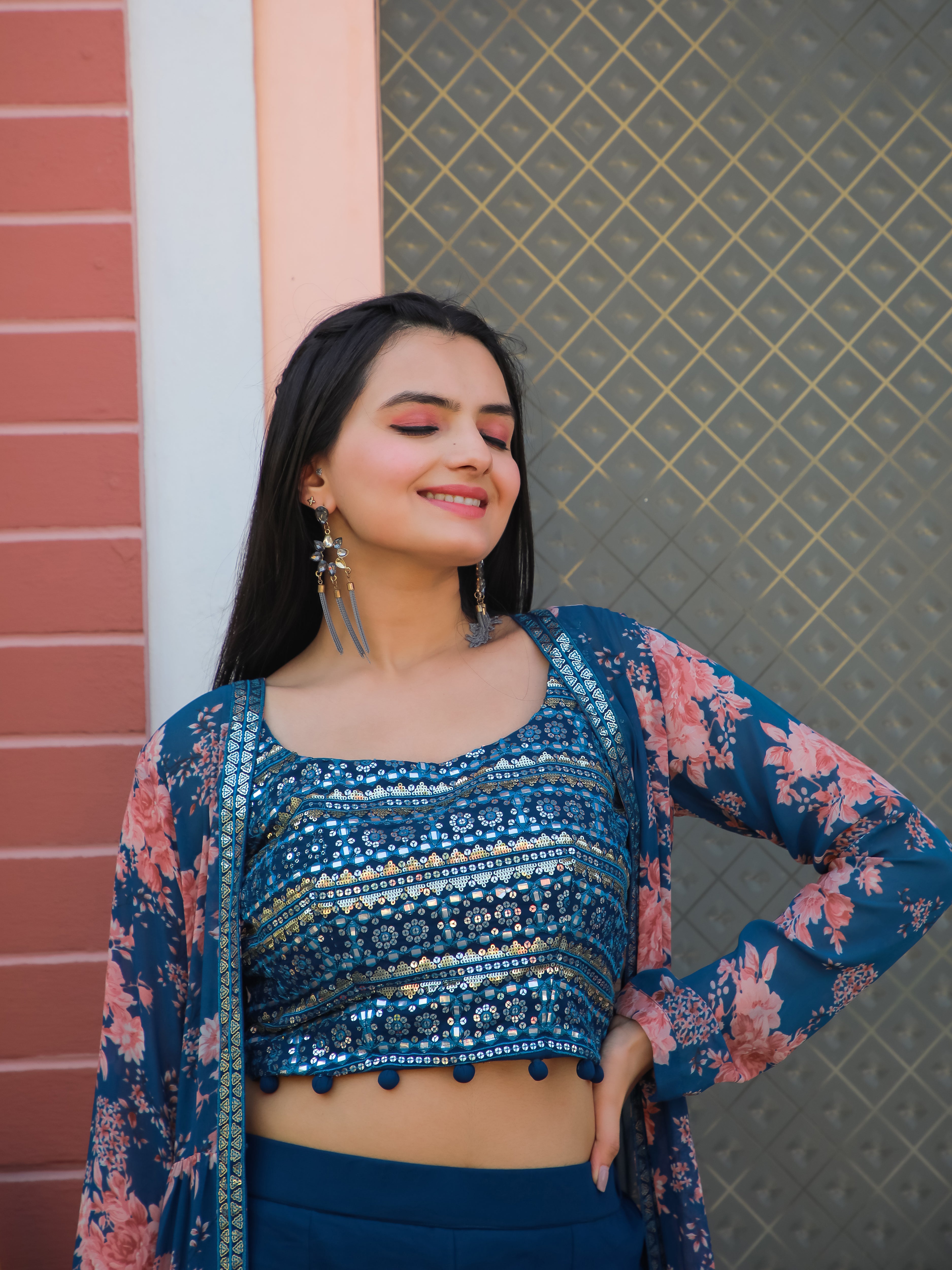 3 PIECE SHRUG SET WITH EMBROIDERY CHOLI & SHARARA SET