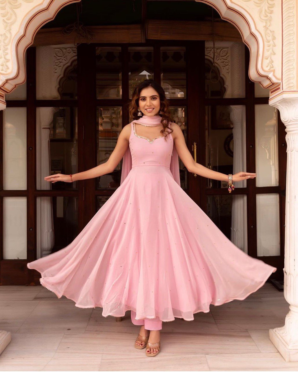WOMEN'S PINK FLARED DRESS WITH BEAUTIFUL HANDWORK AND MATCHING DUPATTA WOMEN'S PINK FLARED DRESS WITH BEAUTIFUL HANDWORK AND MATCHING DUPATTA