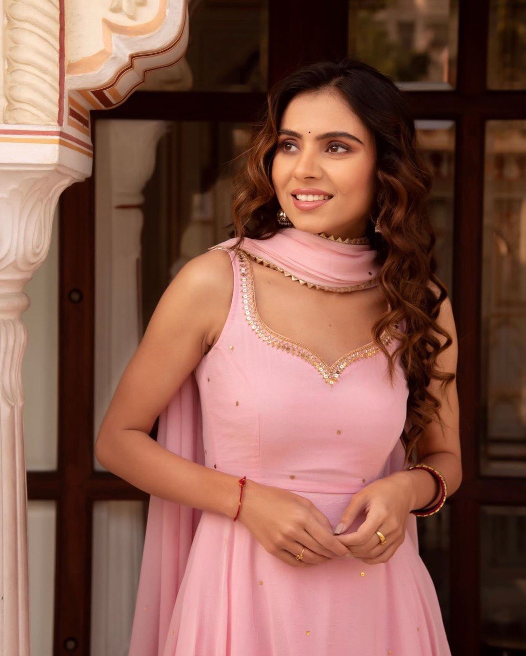 WOMEN'S PINK FLARED DRESS WITH BEAUTIFUL HANDWORK AND MATCHING DUPATTA