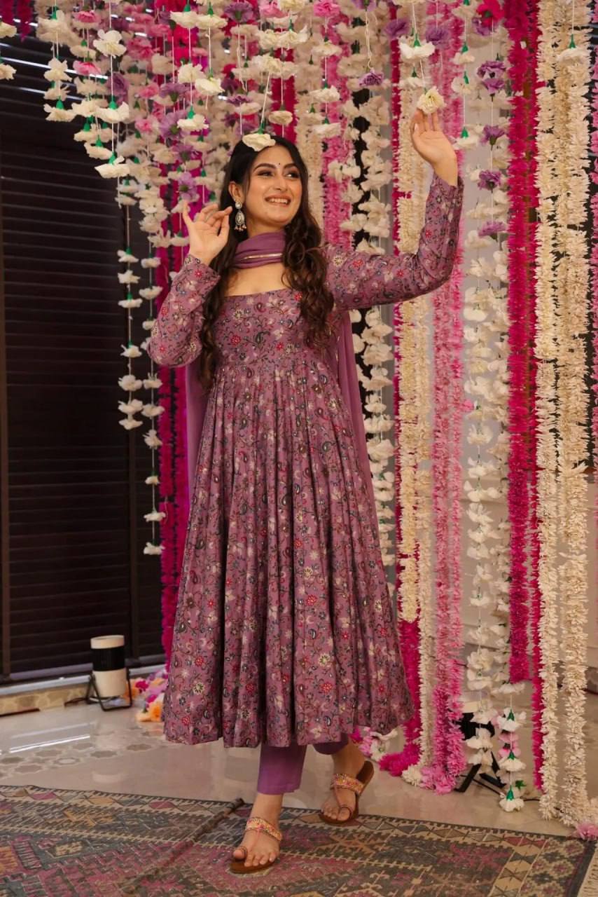 WOMEN'S FLARED FLORAL GOWN WITH MATCHING DUPATTA AND PANT
