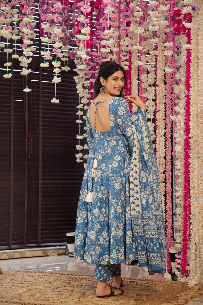 WOMEN'S FLORAL SKYBLUE FLARED GOWN WITH MATCHING DUPATTA