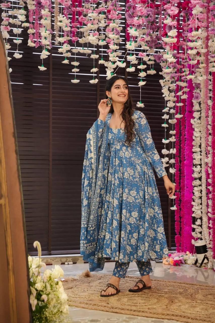 WOMEN'S FLORAL SKYBLUE FLARED GOWN WITH MATCHING DUPATTA