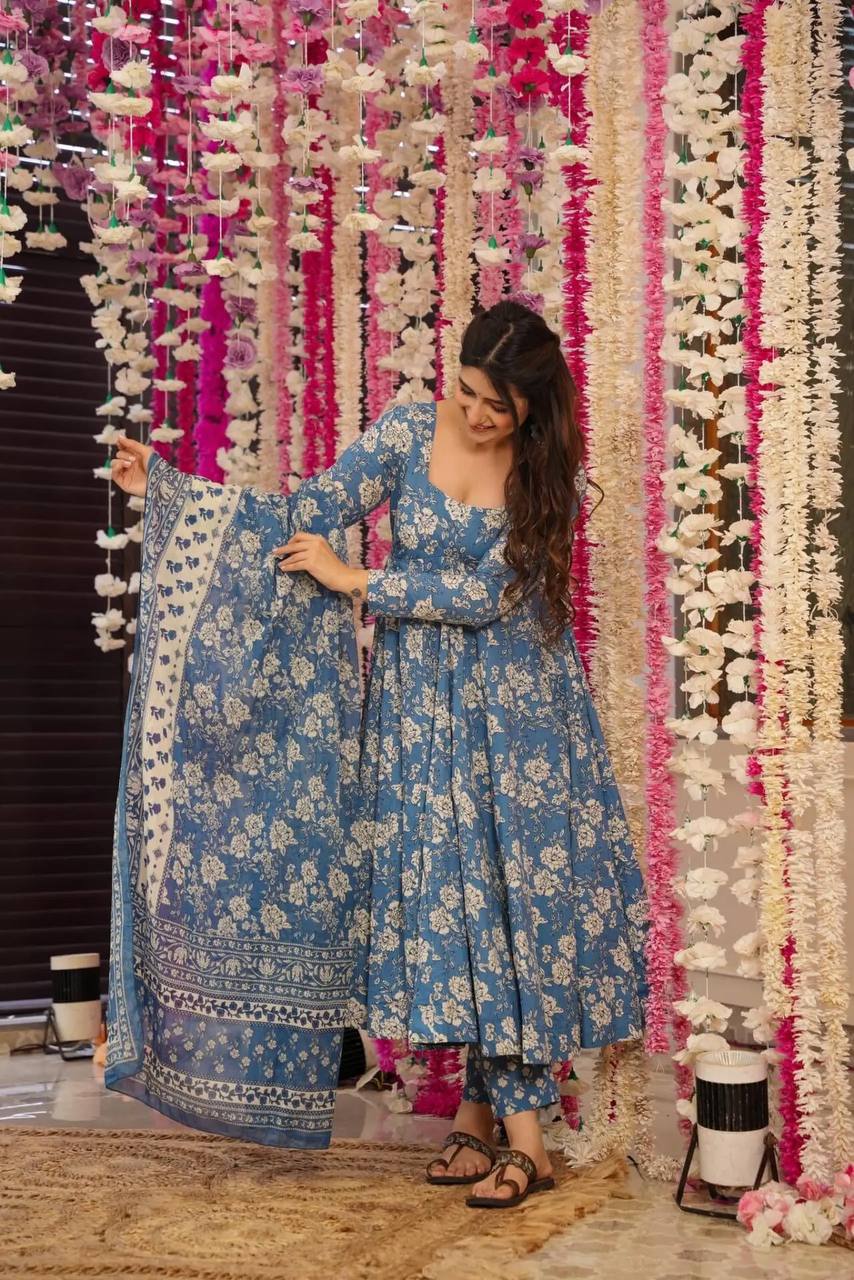 WOMEN'S FLORAL SKYBLUE FLARED GOWN WITH MATCHING DUPATTA