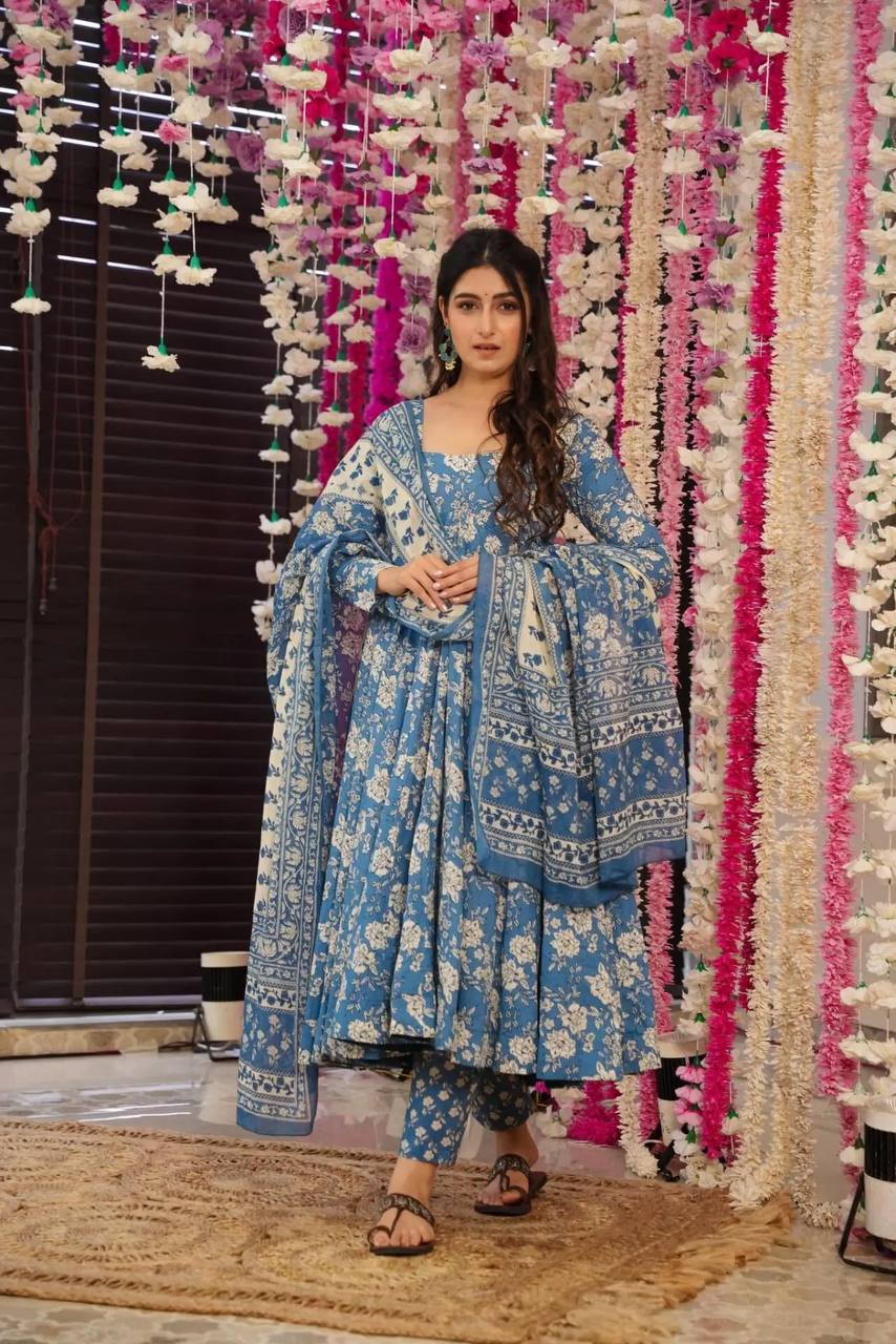 WOMEN'S FLORAL SKYBLUE FLARED GOWN WITH MATCHING DUPATTA