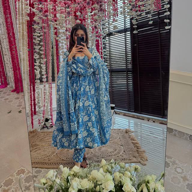 WOMEN'S FLORAL SKYBLUE FLARED GOWN WITH MATCHING DUPATTA