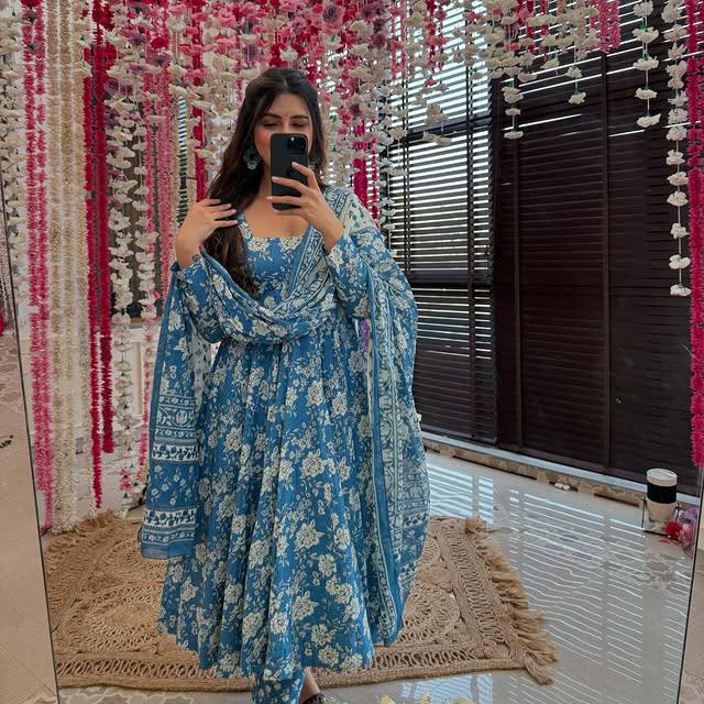 WOMEN'S FLORAL SKYBLUE FLARED GOWN WITH MATCHING DUPATTA