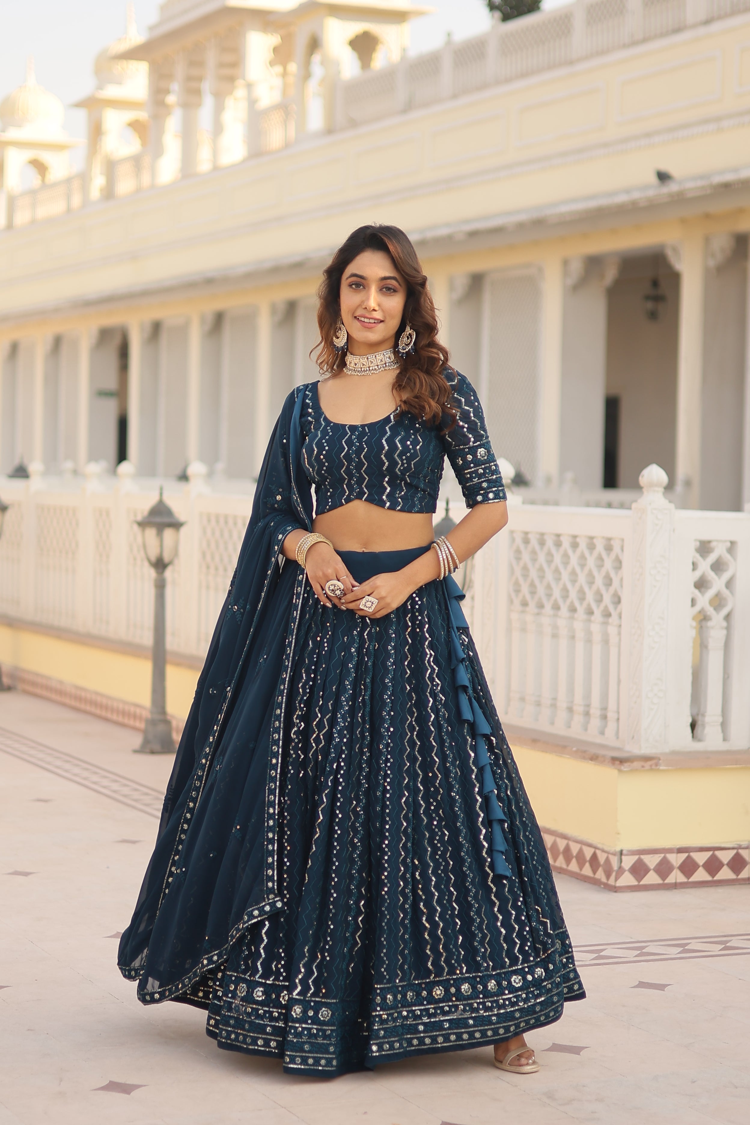 FAUX BLOOMING WITH SEQUINS AND THREAD EMBROIDERED WORK LEHENGA CHOLI