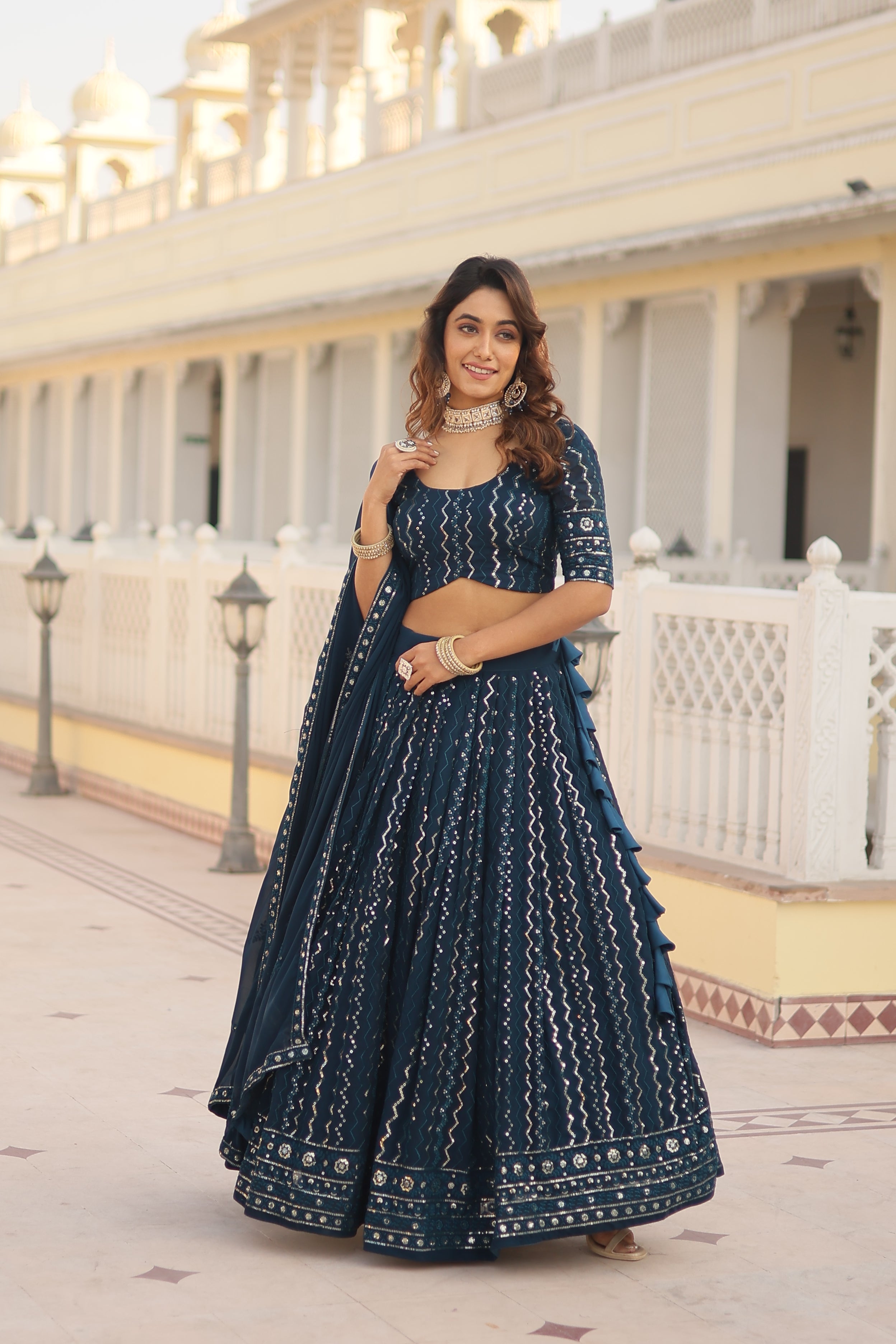 FAUX BLOOMING WITH SEQUINS AND THREAD EMBROIDERED WORK LEHENGA CHOLI