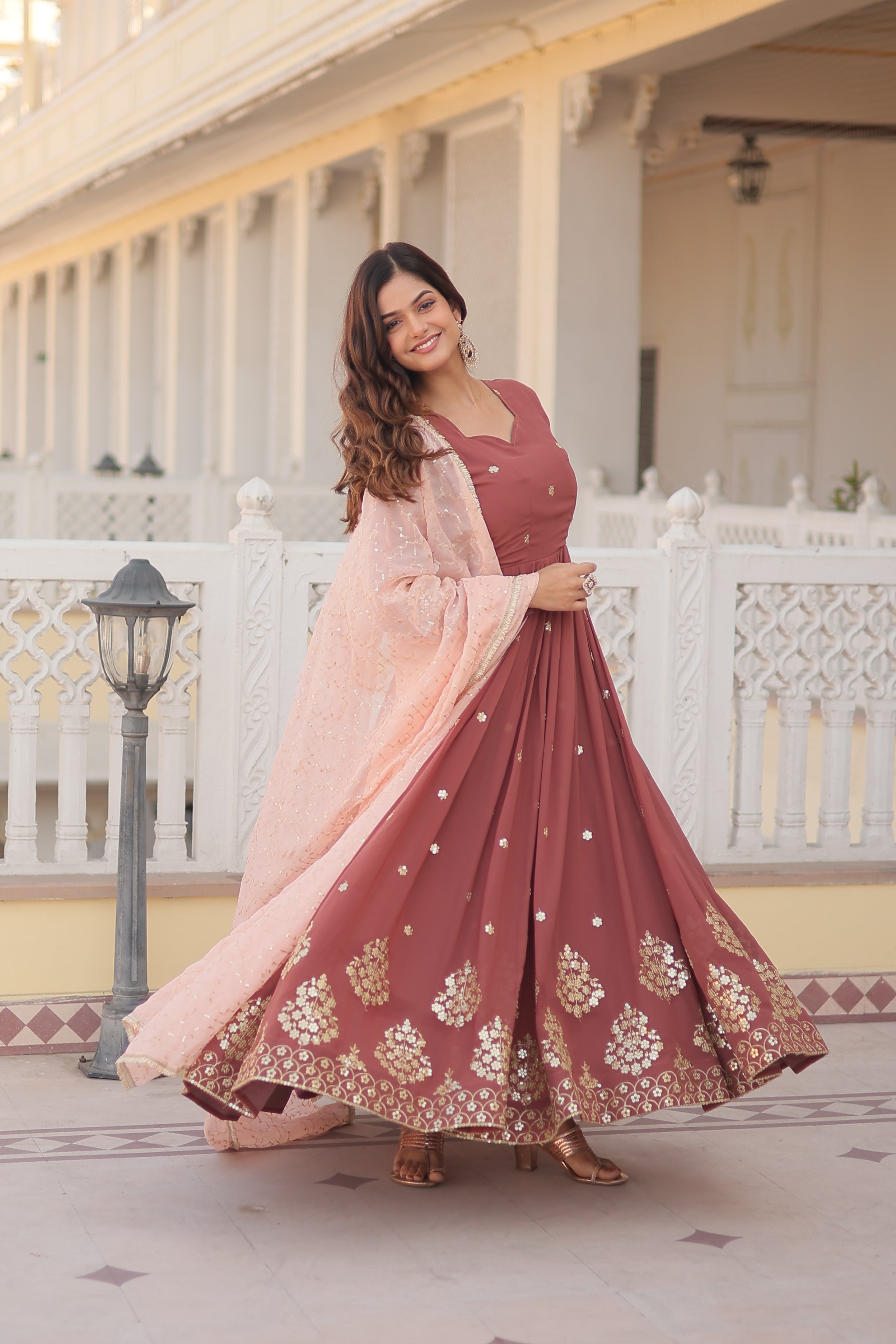 FESTIVAL WEAR DESIGNER GOWN WITH LIGHT SHADE DUPATTA SET IN SEQUINS EMBROIDERY