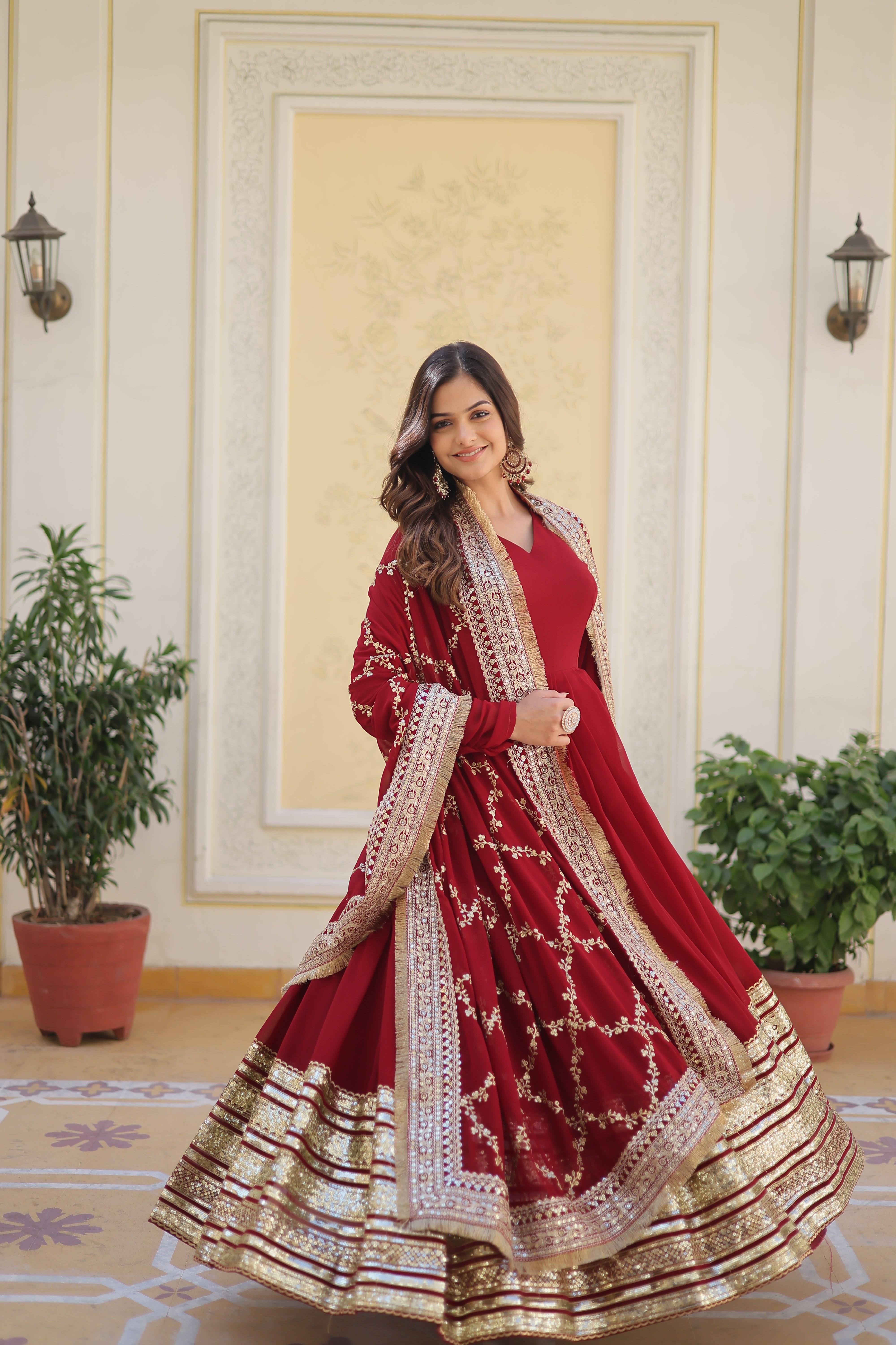 EMBROIDERED GEORGETTE ABAYA STYLE SUIT IN MAROON