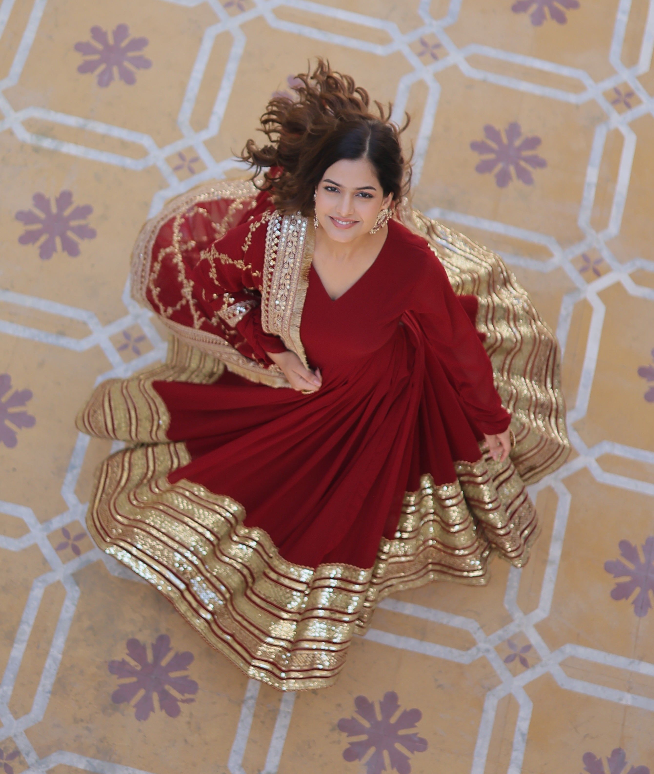 EMBROIDERED GEORGETTE ABAYA STYLE SUIT IN MAROON