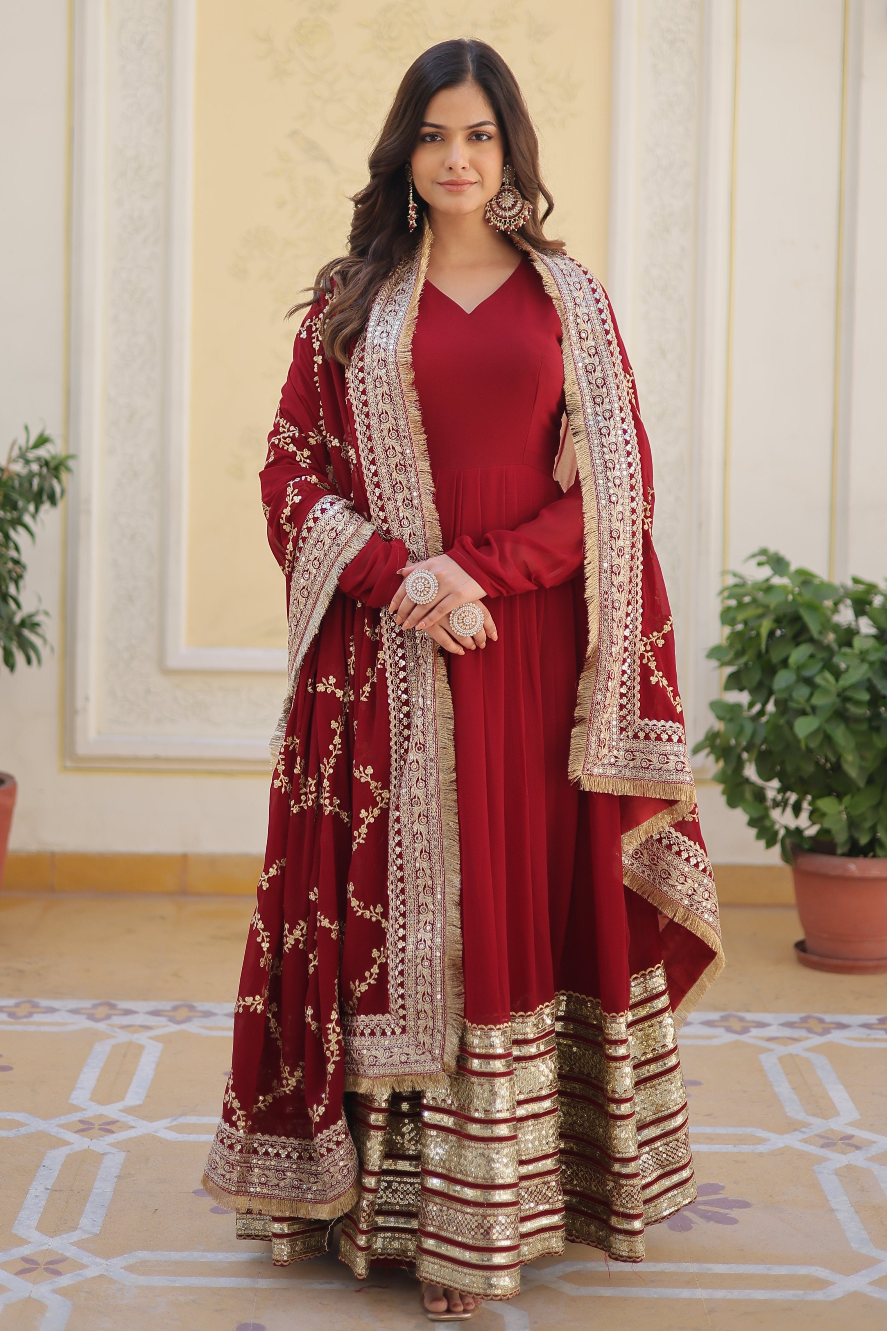 EMBROIDERED GEORGETTE ABAYA STYLE SUIT IN MAROON