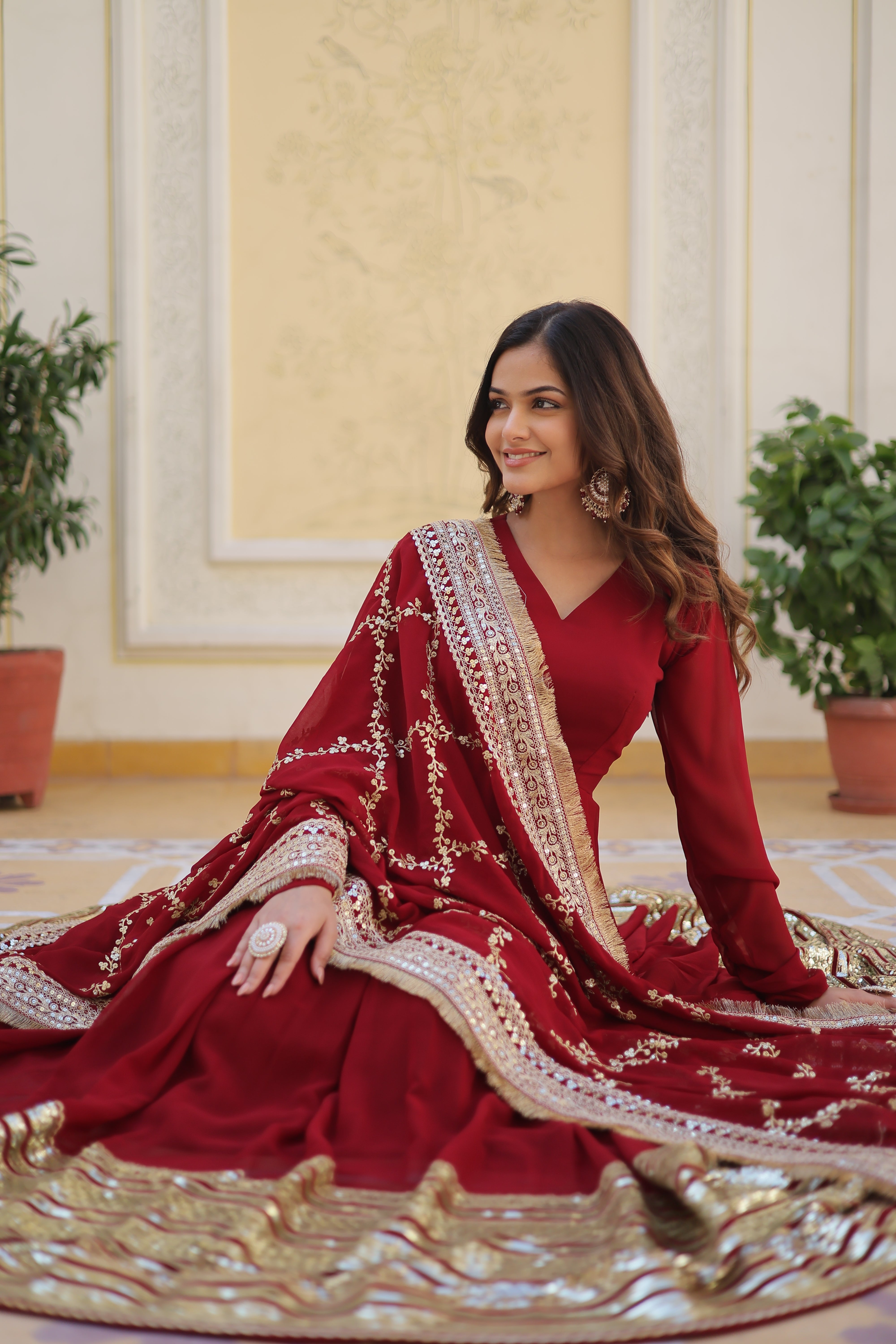 EMBROIDERED GEORGETTE ABAYA STYLE SUIT IN MAROON