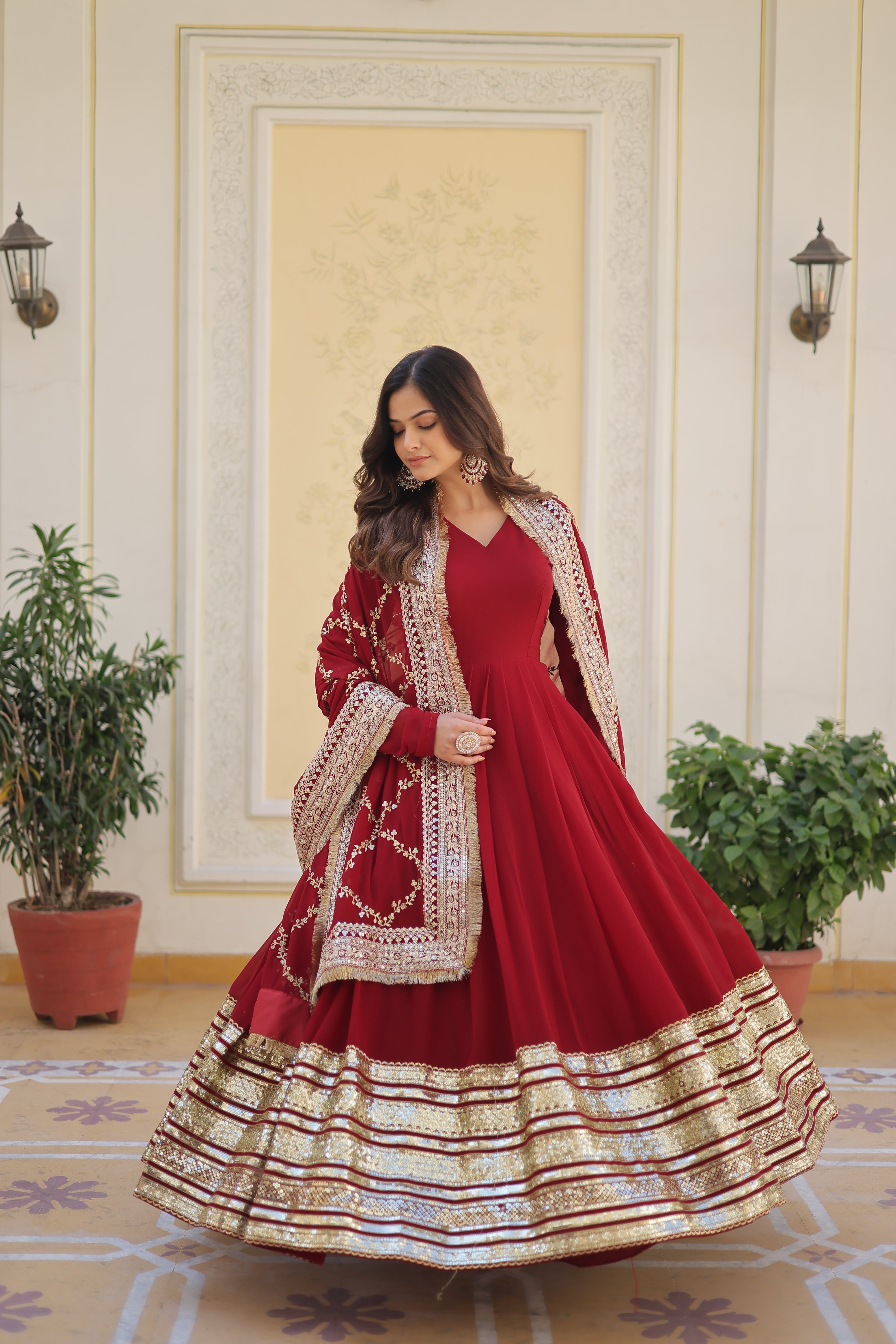 EMBROIDERED GEORGETTE ABAYA STYLE SUIT IN MAROON