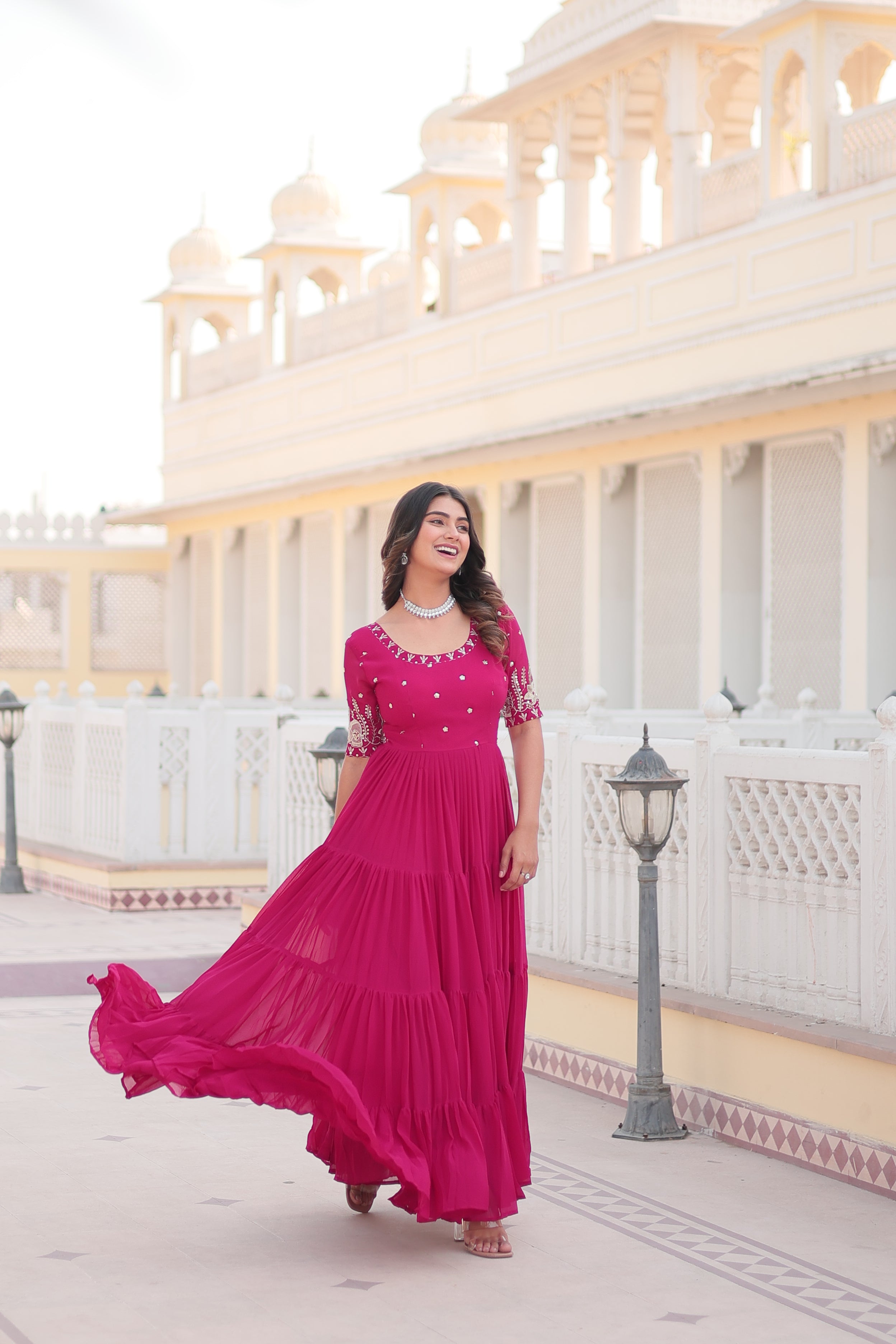 PARTY WEAR DESIGNER GOWN WITH FLARE AND EMBROIDERY WORK