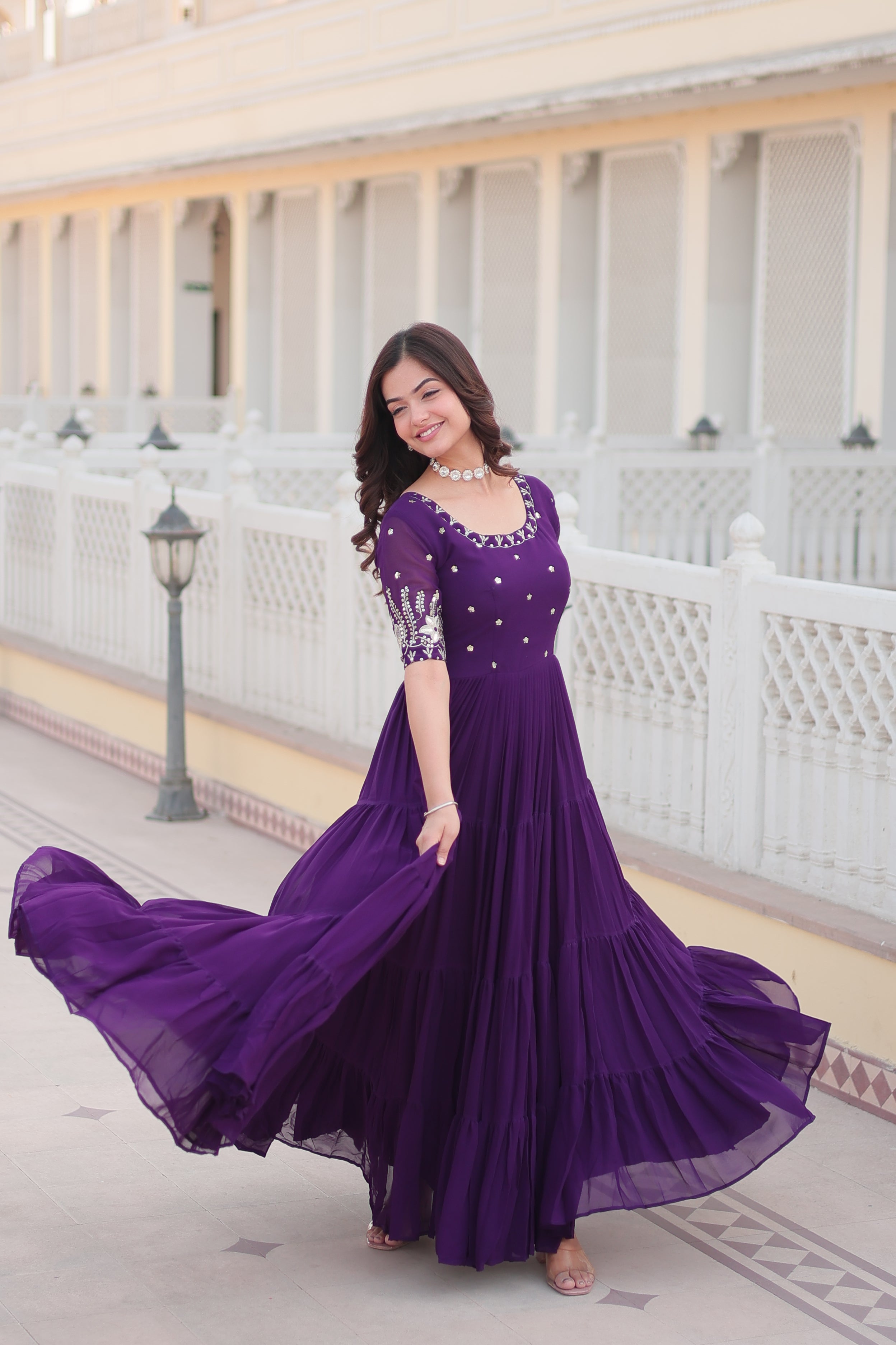 PARTY WEAR DESIGNER GOWN WITH FLARE AND EMBROIDERY WORK
