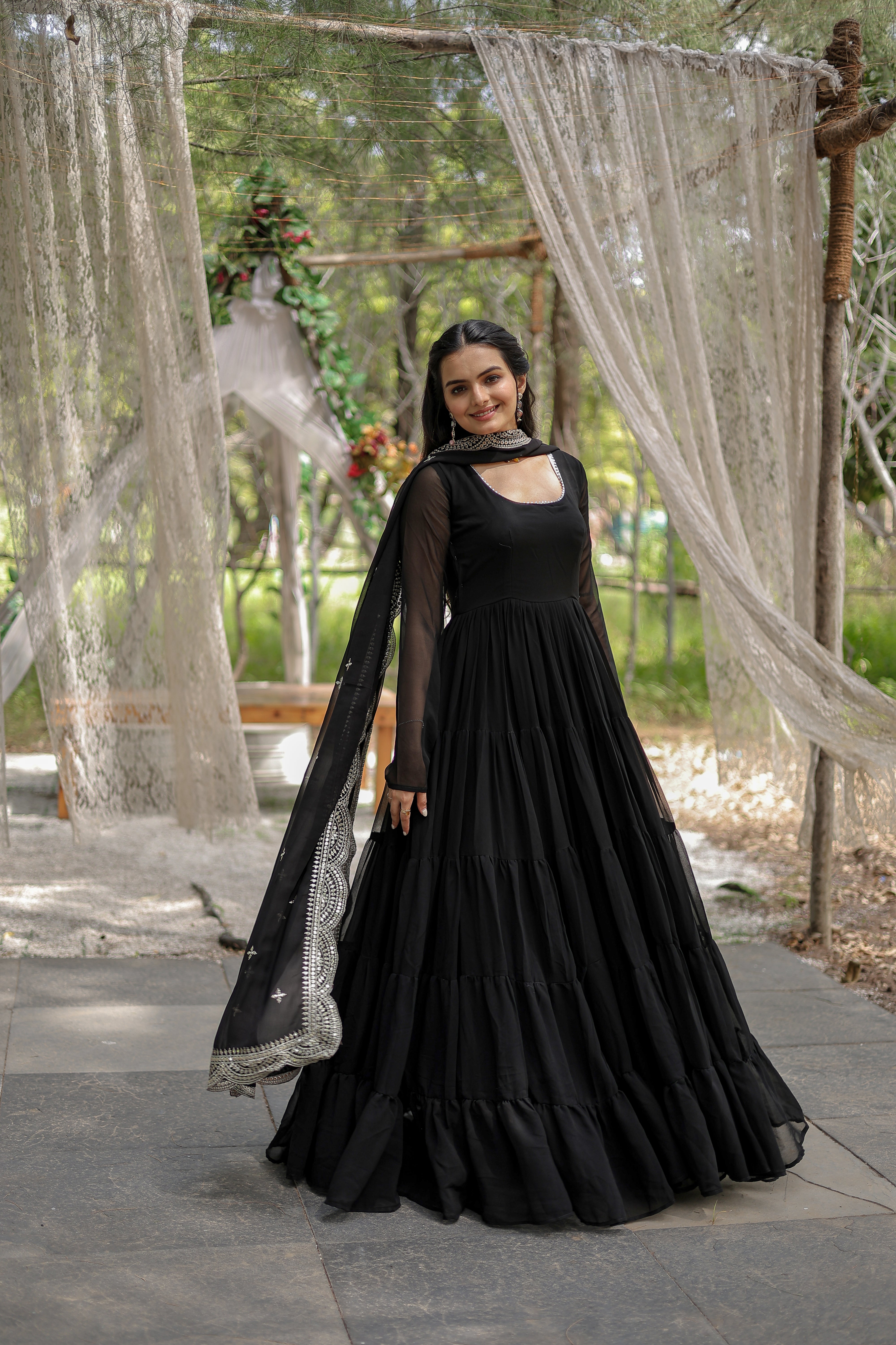 STYLISH WOMEN TIERED GOWN WITH DUPATTA SET