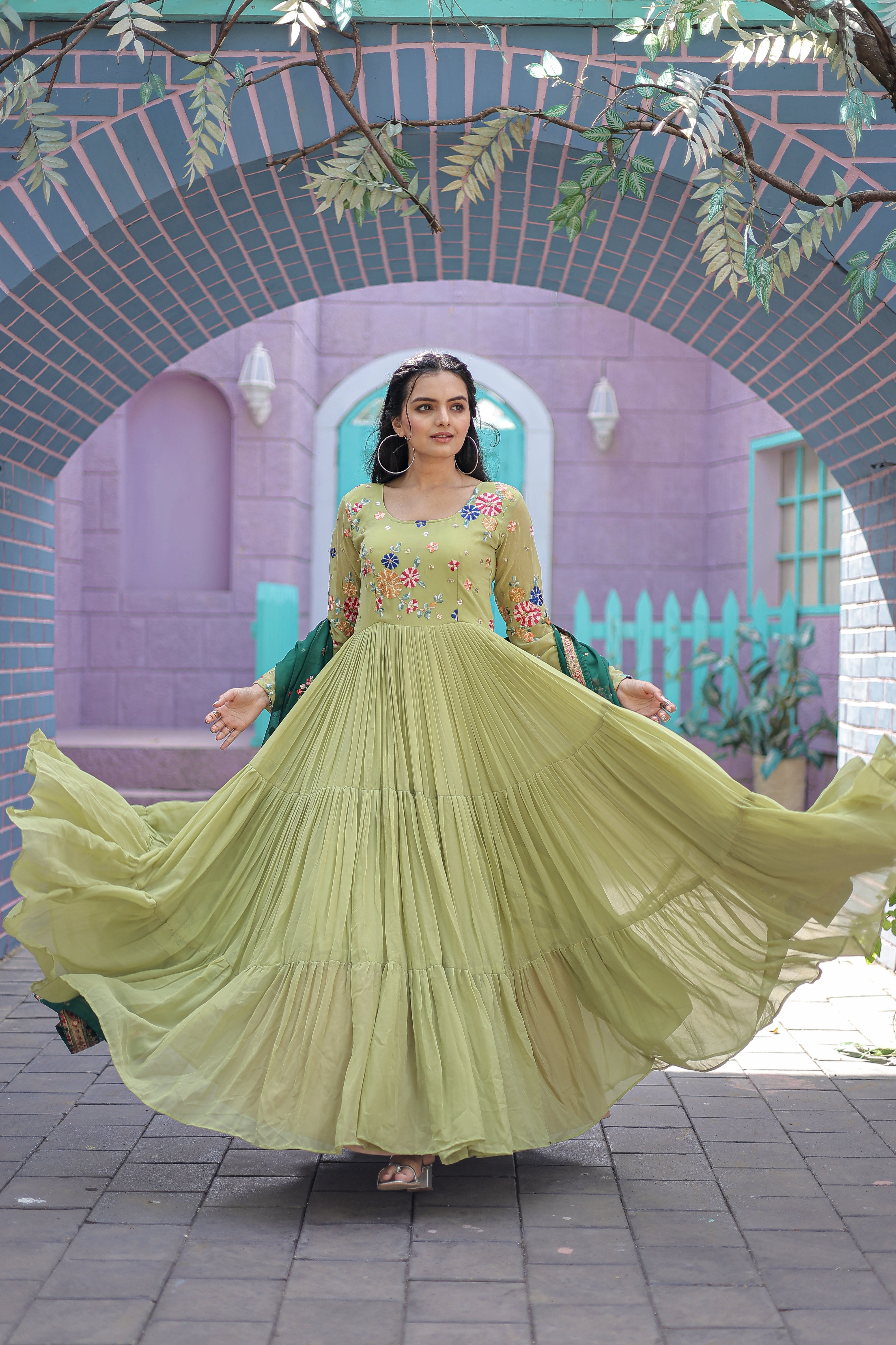 FAUX GEORGETTE GOWN WITH RUSSIAN SILK DUPATTA WITH ADORABLE EMBROIDERED THREAD WORK