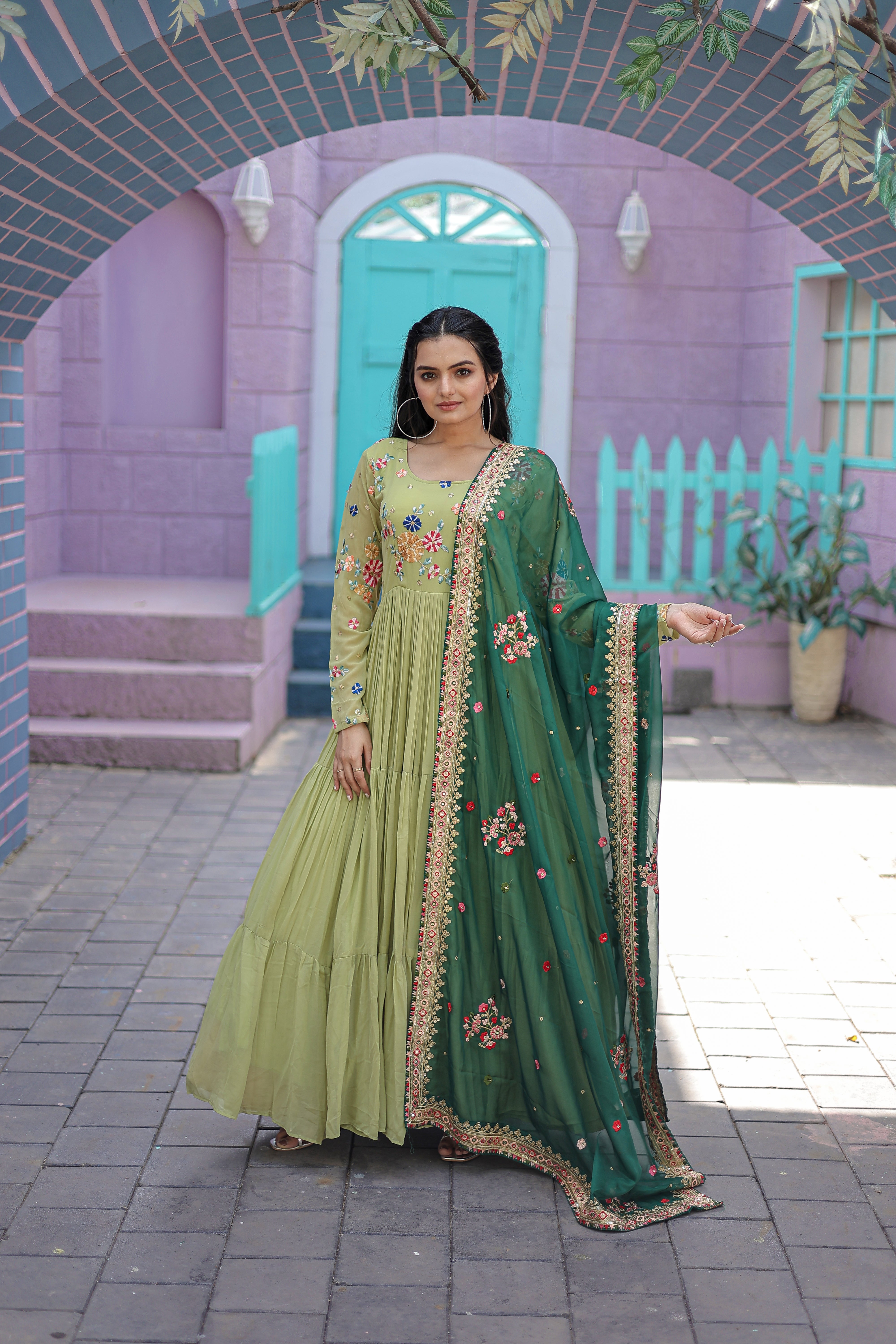 FAUX GEORGETTE GOWN WITH RUSSIAN SILK DUPATTA WITH ADORABLE EMBROIDERED THREAD WORK