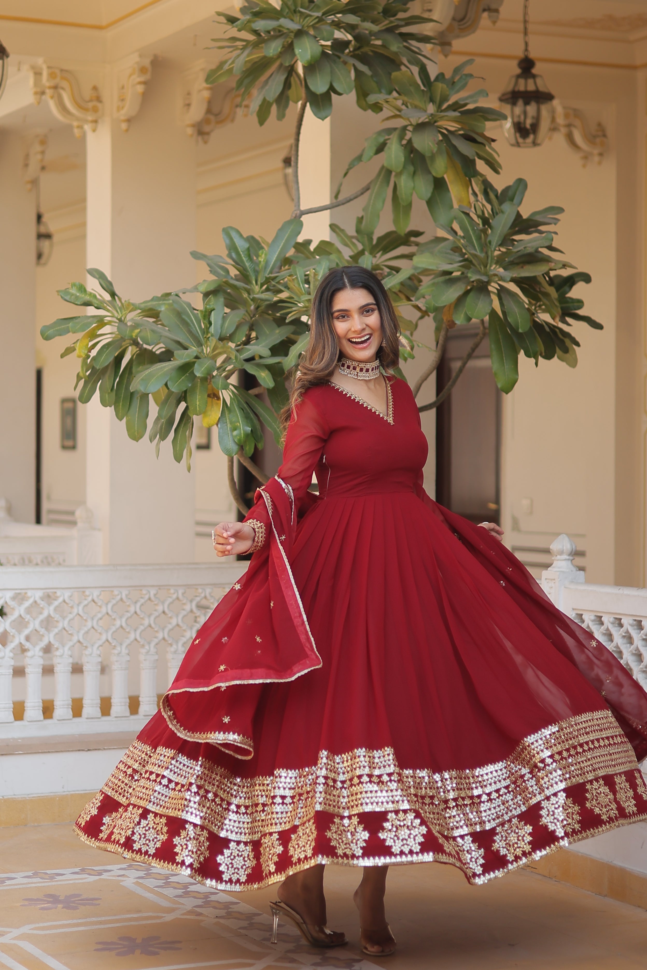 FESTIVAL & PARTY WEAR TRADITIONAL FLARED GOWN WITH EMBROIDERED DUPATTA SET