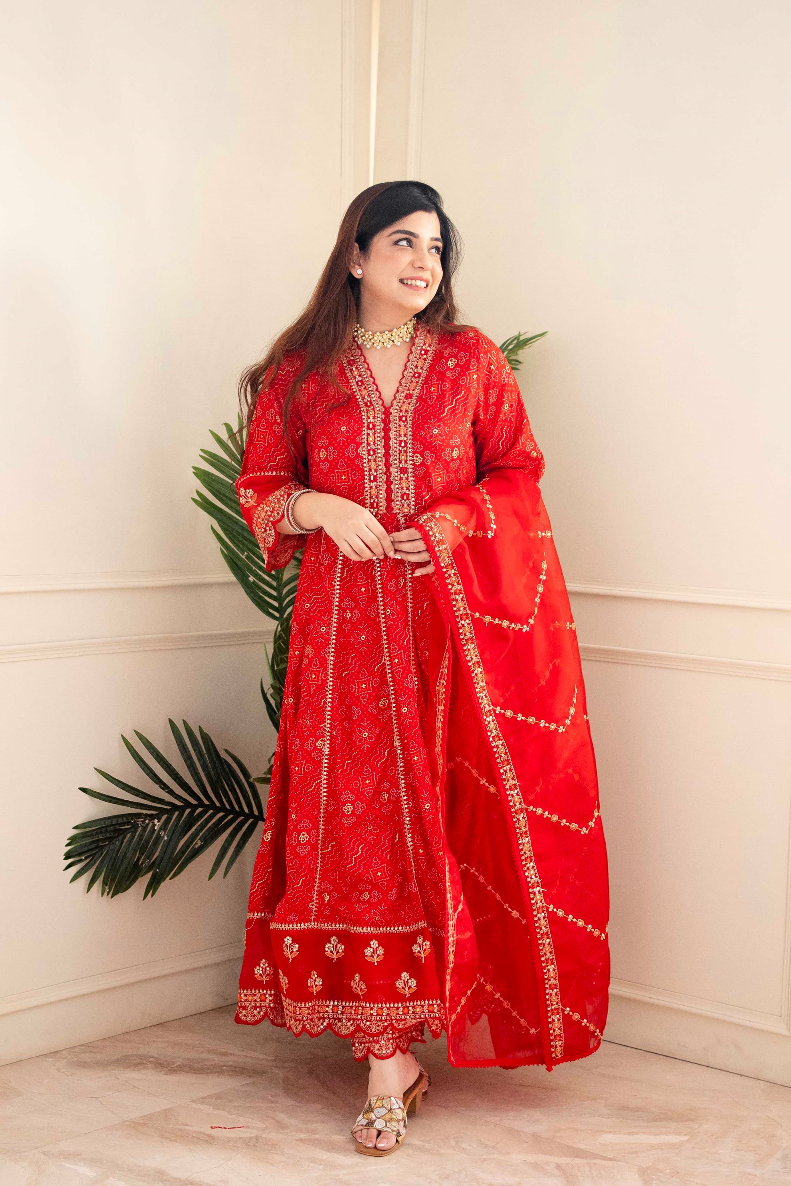 RED FLOWING ANARKALI SUIT SET
