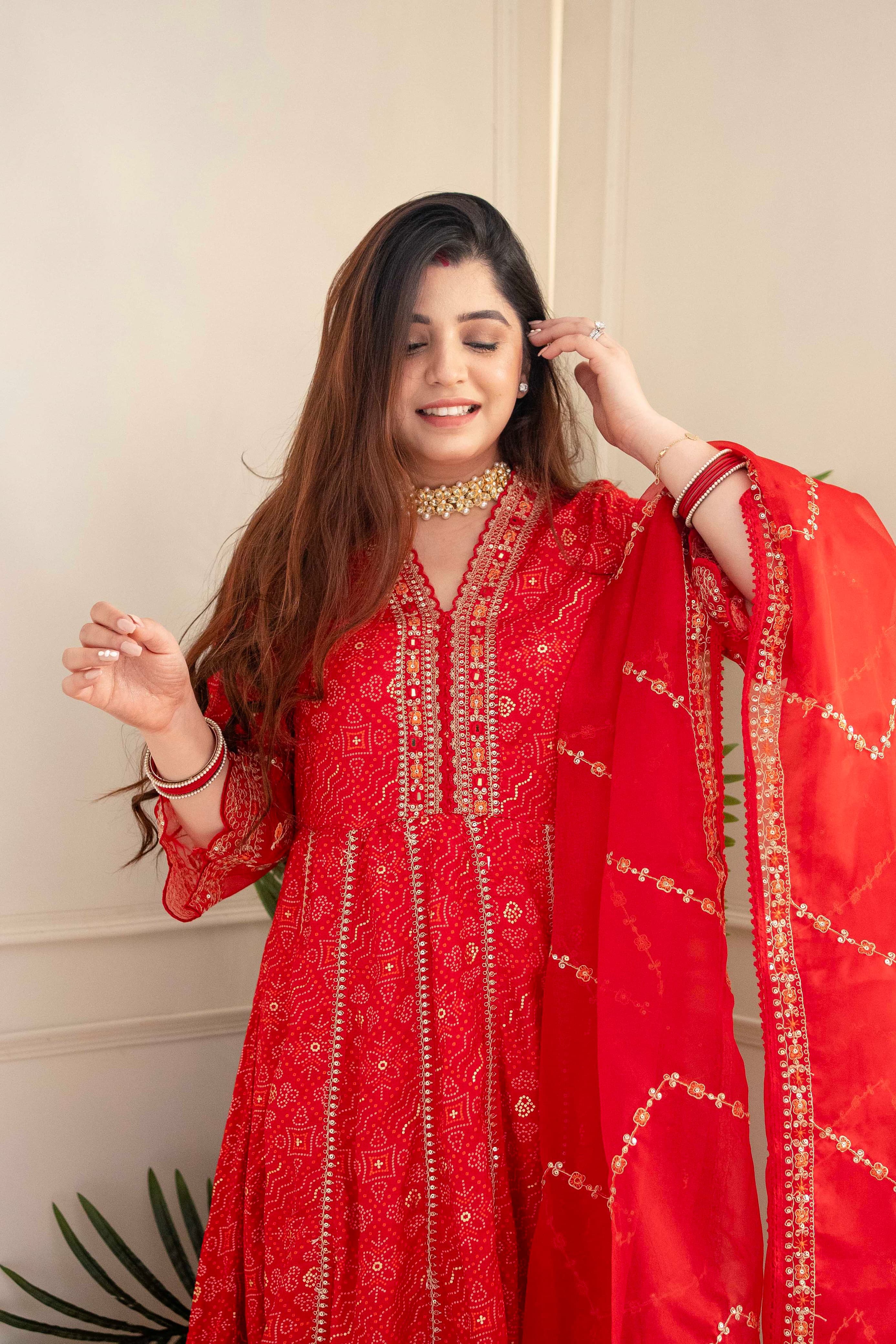 RED FLOWING ANARKALI SUIT SET