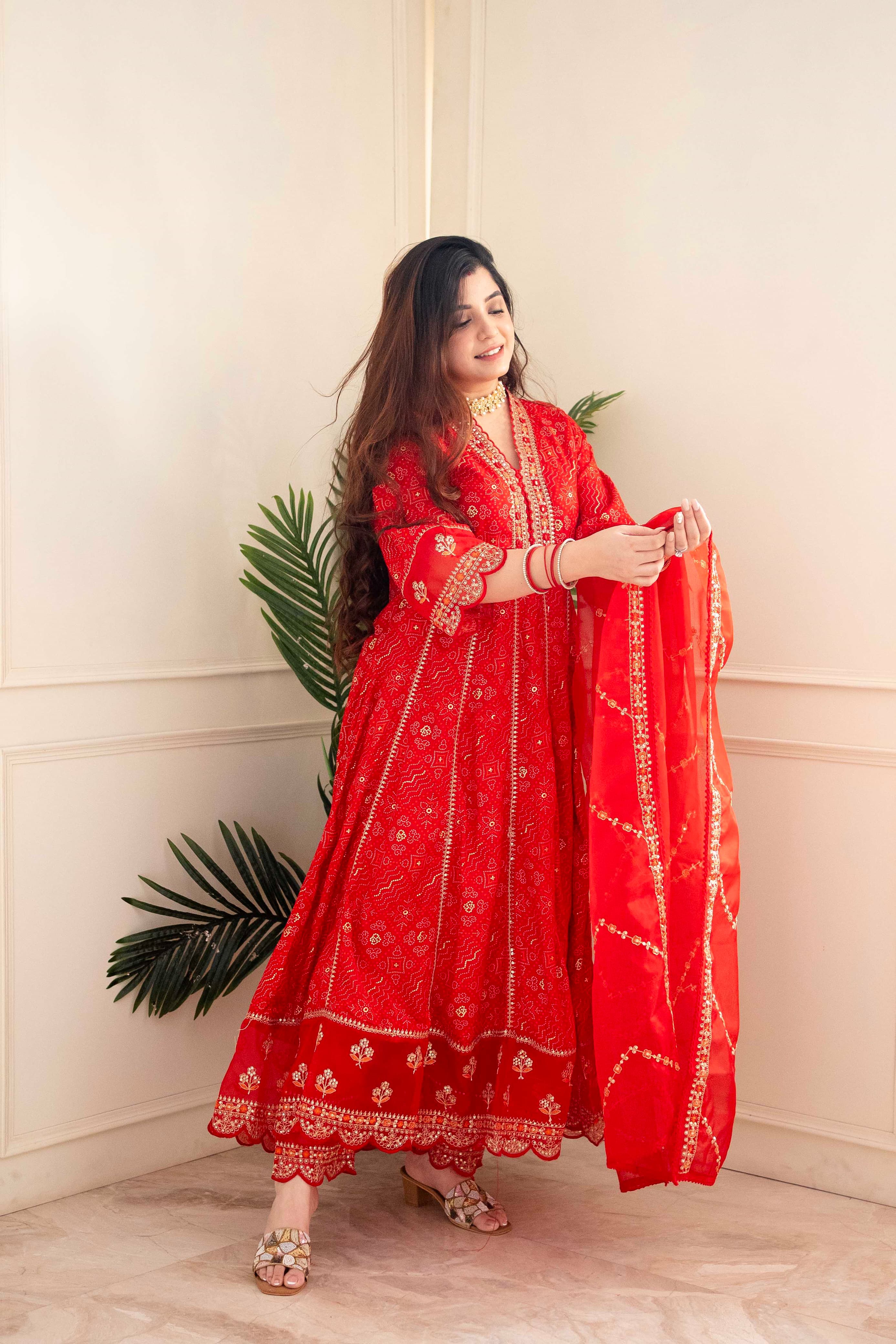 RED FLOWING ANARKALI SUIT SET