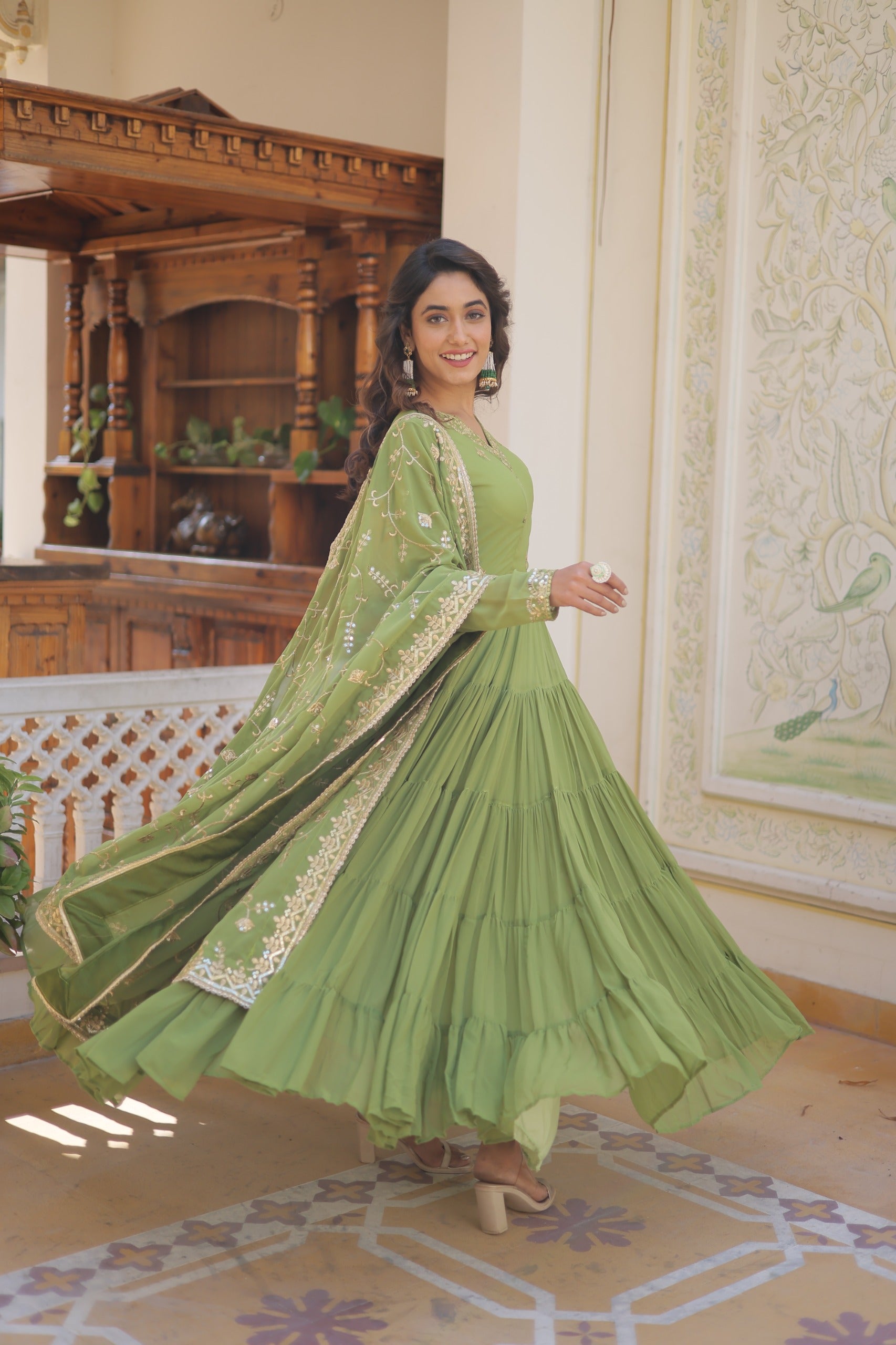 PARTY WEAR FLARED WOMEN EMBROIDERED GOWN WITH DUPATTA SET